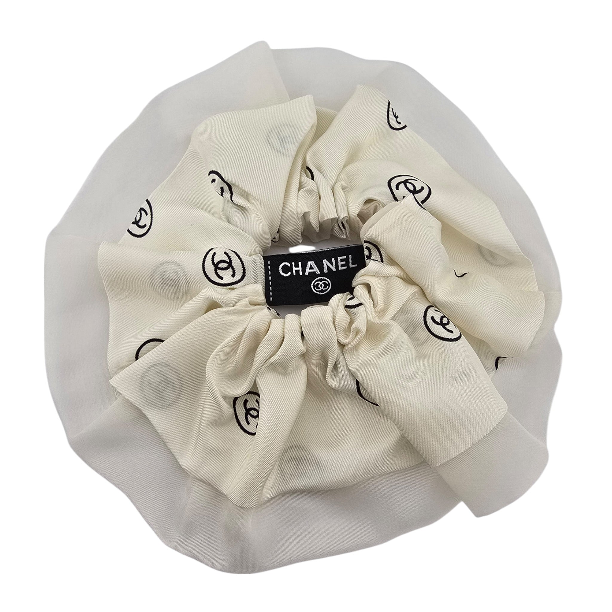 Chanel CC Silk Twill White Hair Scrunchie 25K CHANEL