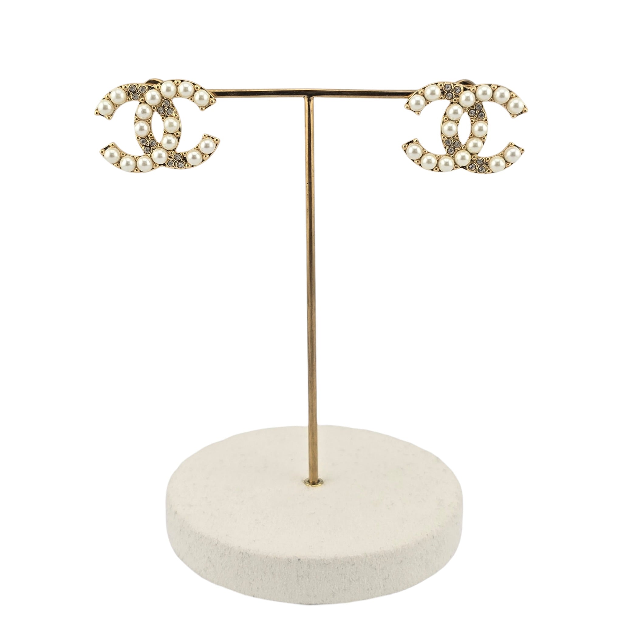 Chanel CC Gold Faux Pearl Crystal Earrings 2024 CHANEL