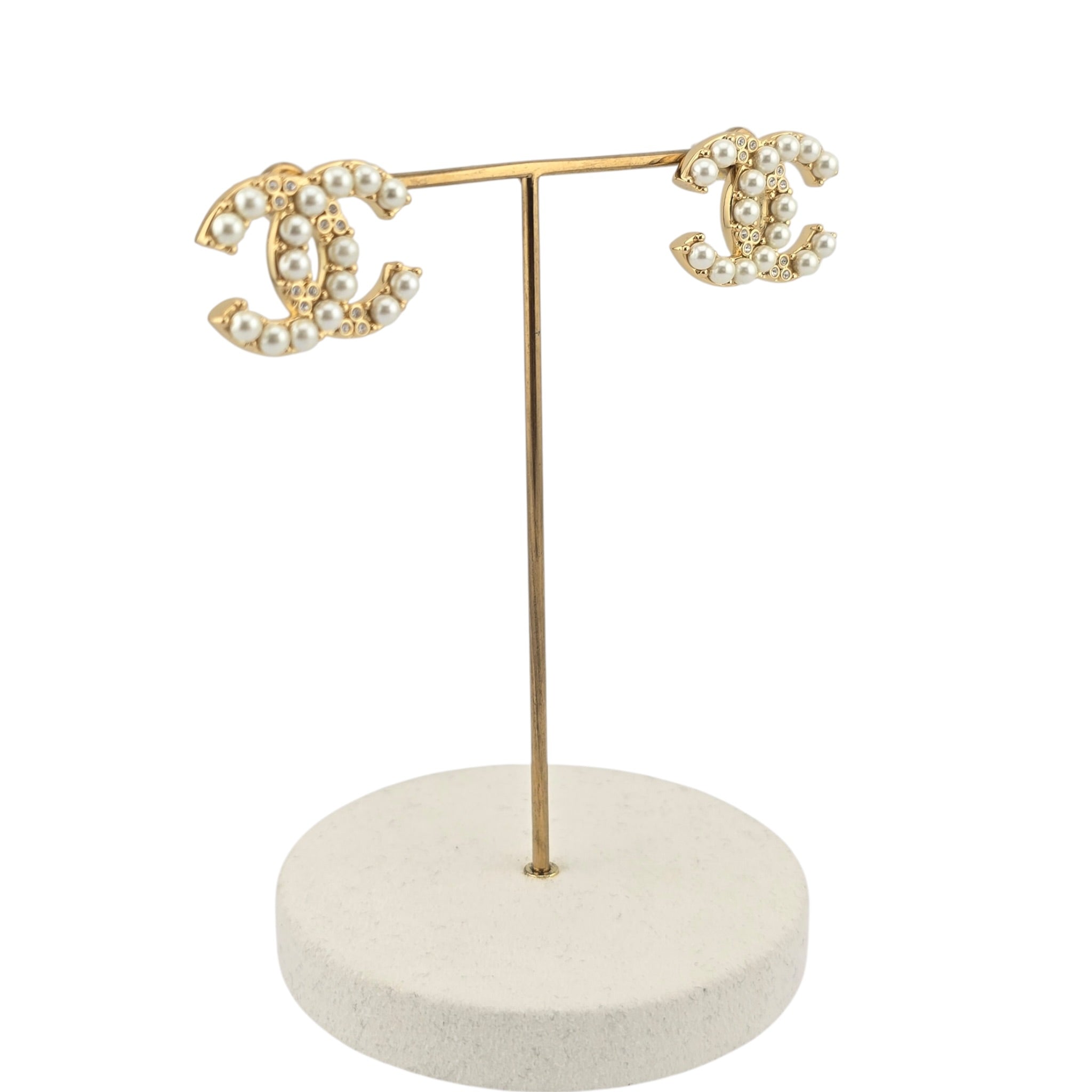 Chanel CC Gold Faux Pearl Crystal Earrings 2024 CHANEL