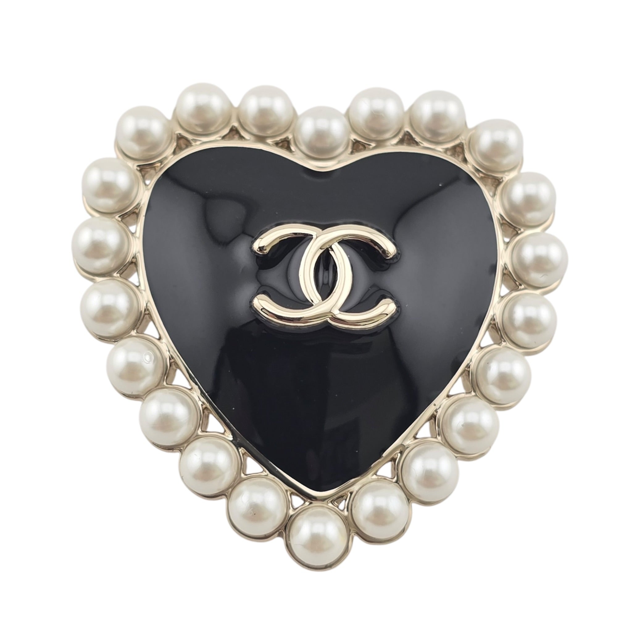 Chanel CC Black Gold Heart Faux Pearl Pin Brooch 2025 CHANEL