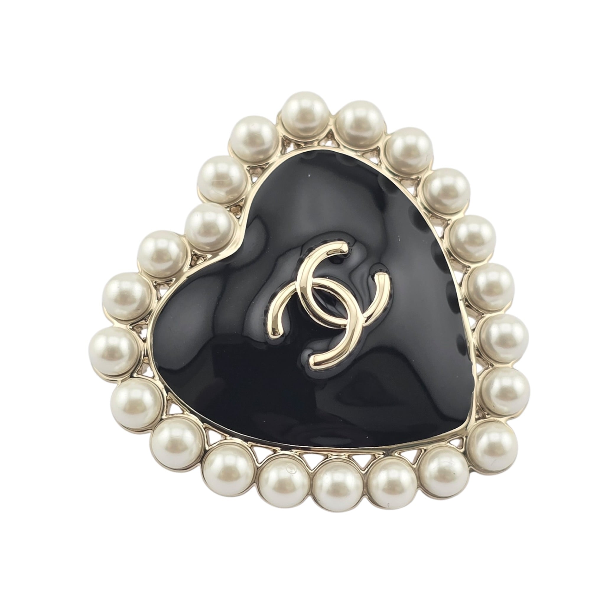 Chanel CC Black Gold Heart Faux Pearl Pin Brooch 2025 CHANEL