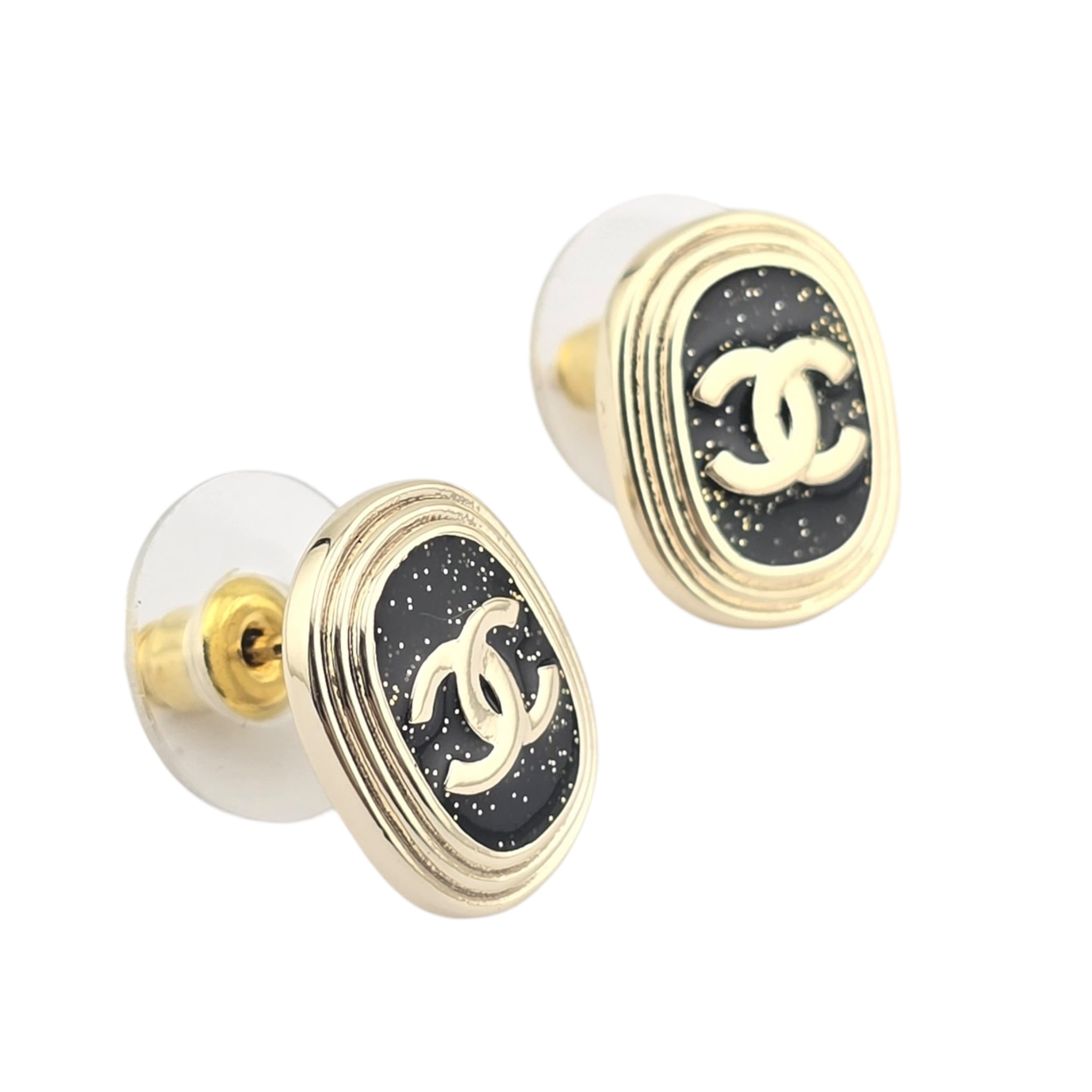 Chanel CC Resin Gold Black Earrings 25K CHANEL