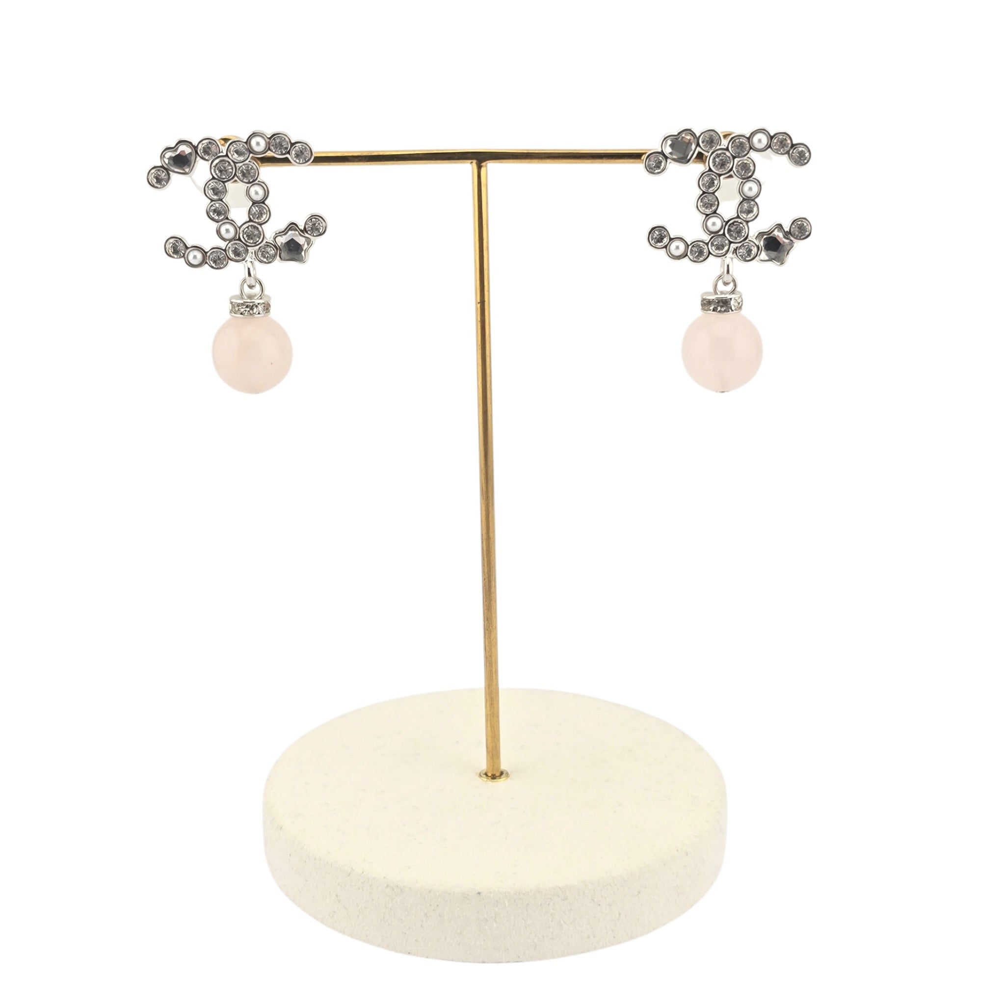 Chanel CC Gold Drop Crystal Faux Pink Pearl Earrings 2025 CHANEL