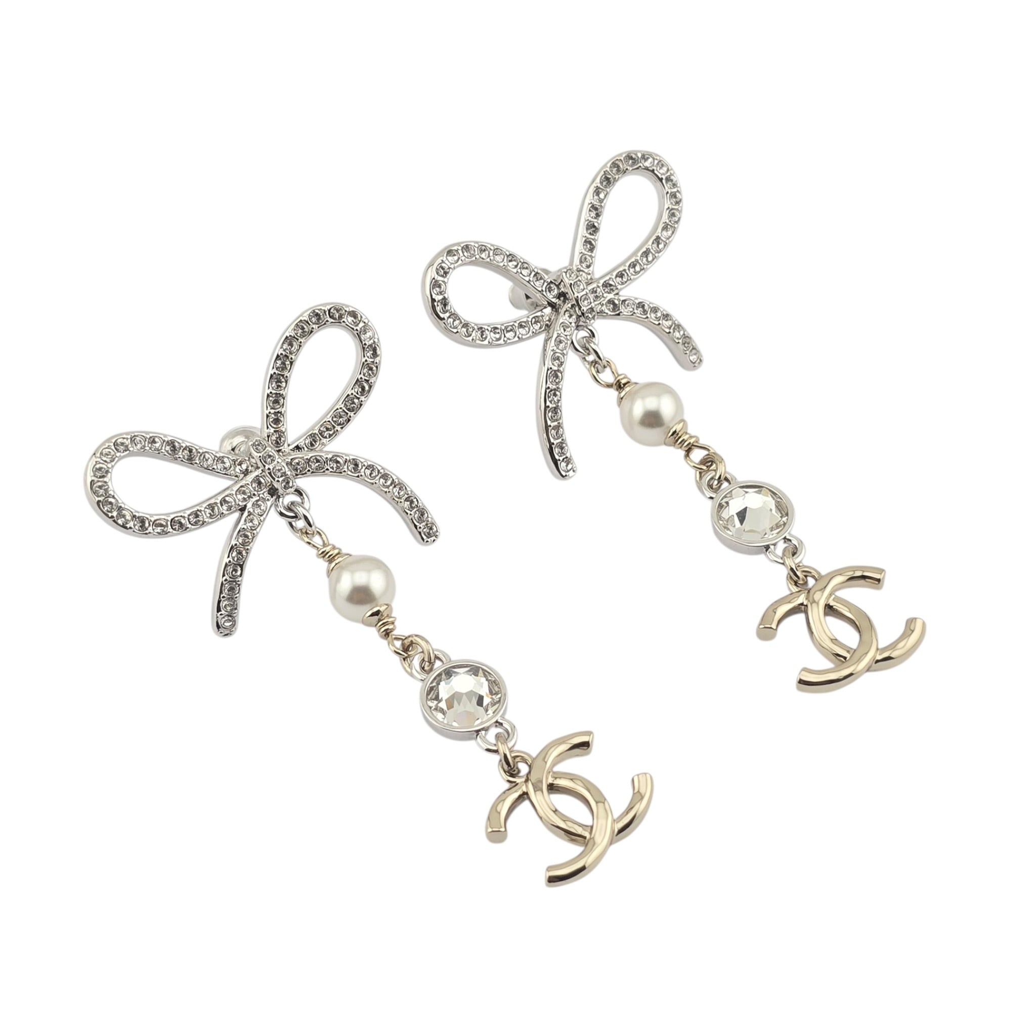Chanel CC Crystal Bow Drop Earrings Gold 2025 CHANEL