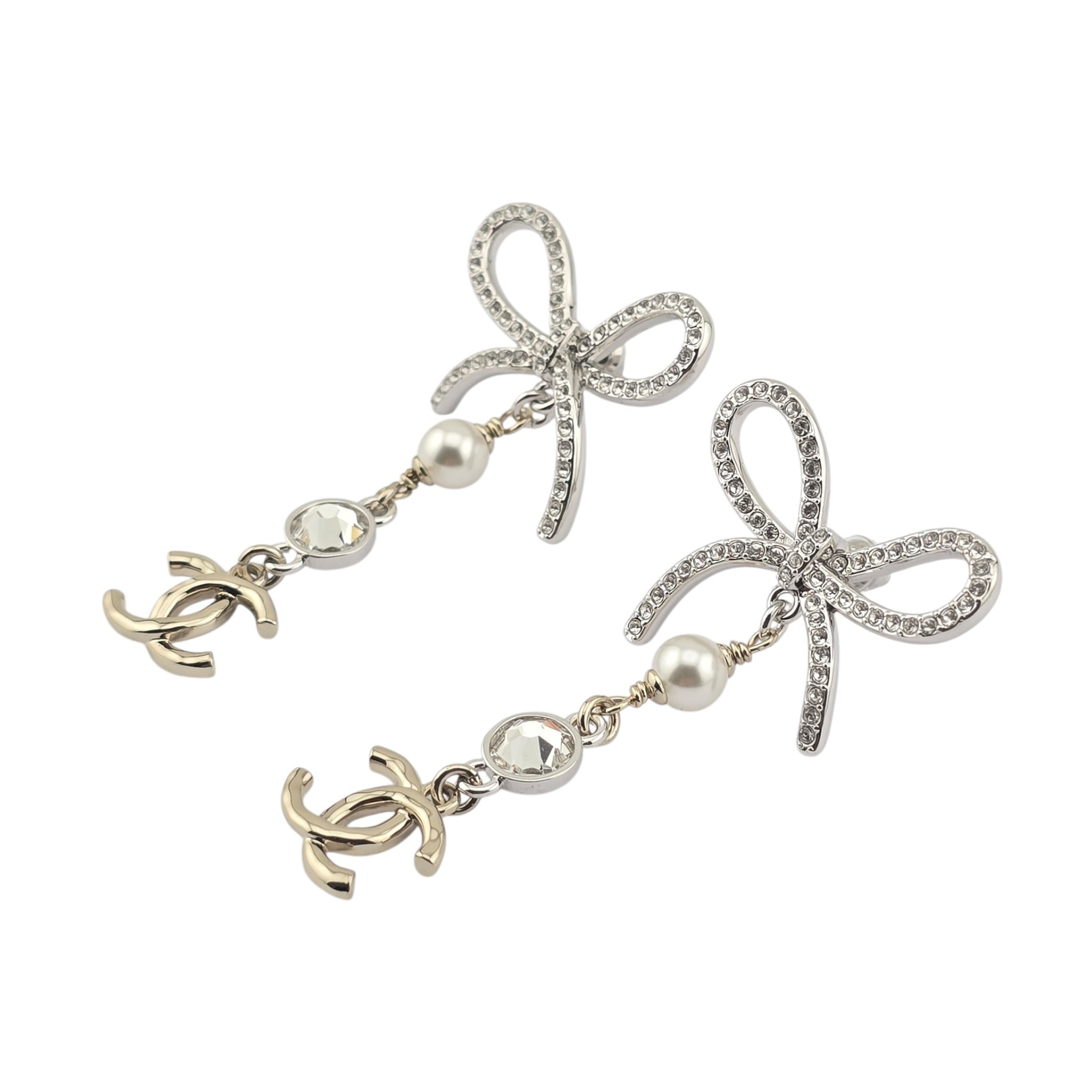 Chanel CC Crystal Bow Drop Earrings Gold 2025 CHANEL