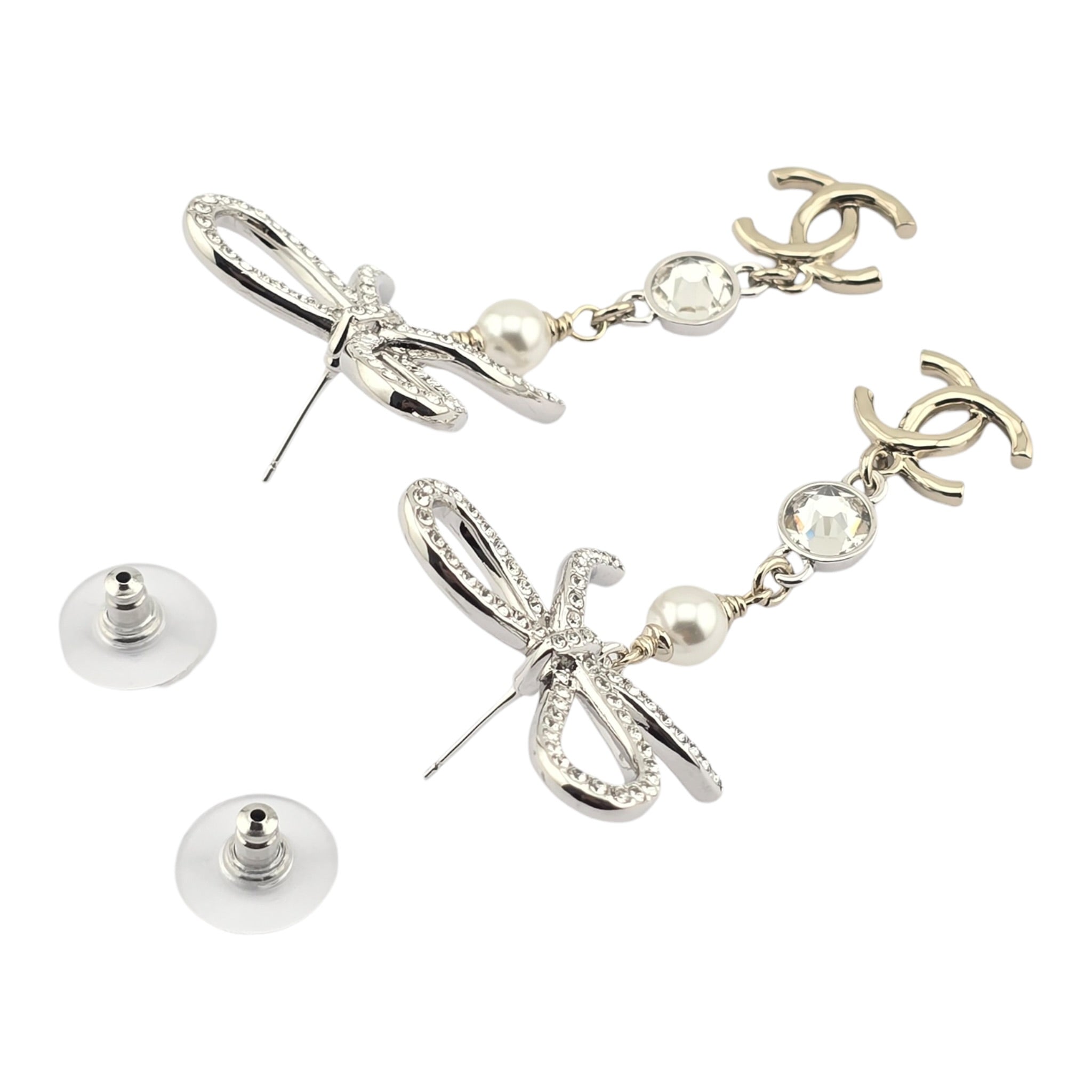 Chanel CC Crystal Bow Drop Earrings Gold 2025 CHANEL