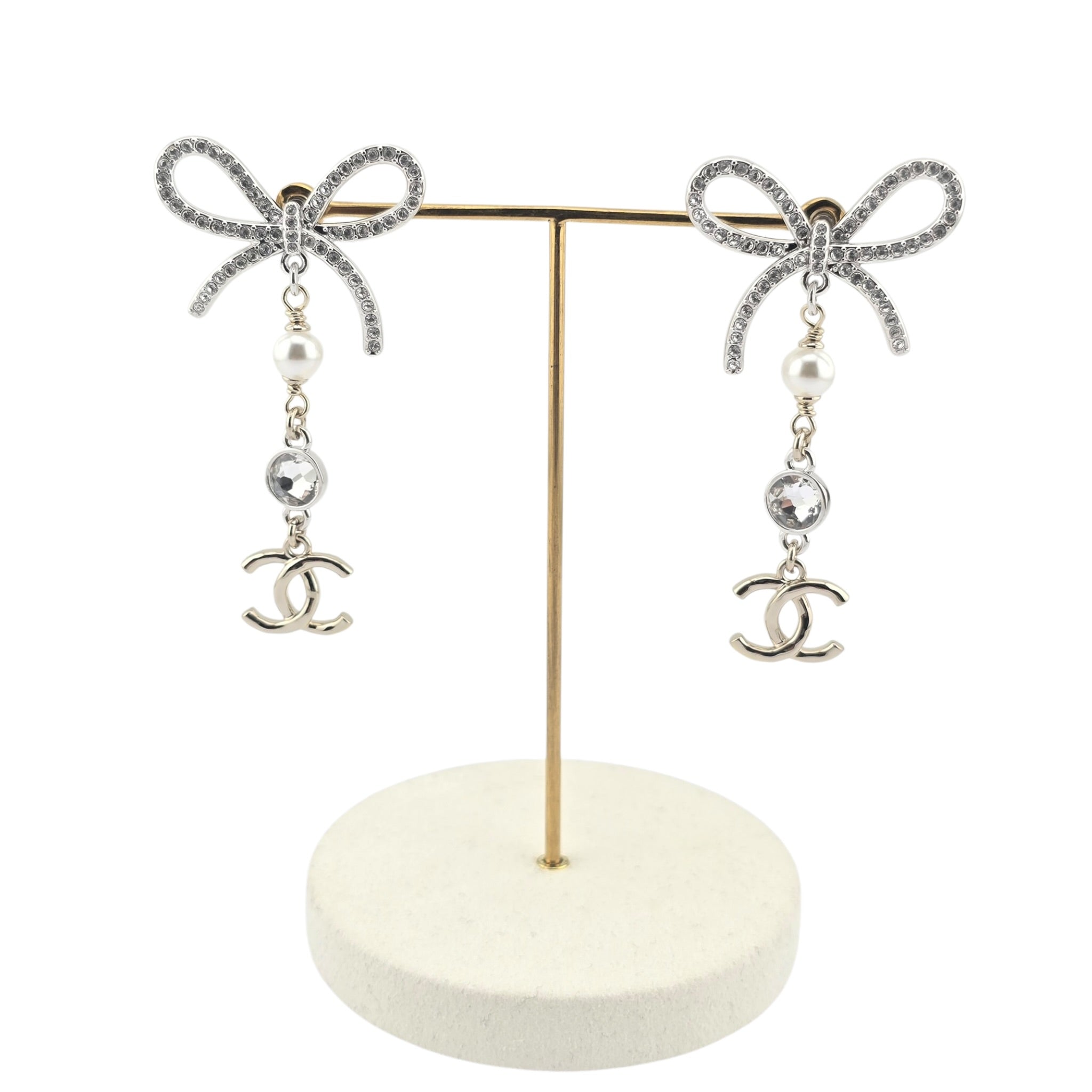 Chanel CC Crystal Bow Drop Earrings Gold 2025 CHANEL