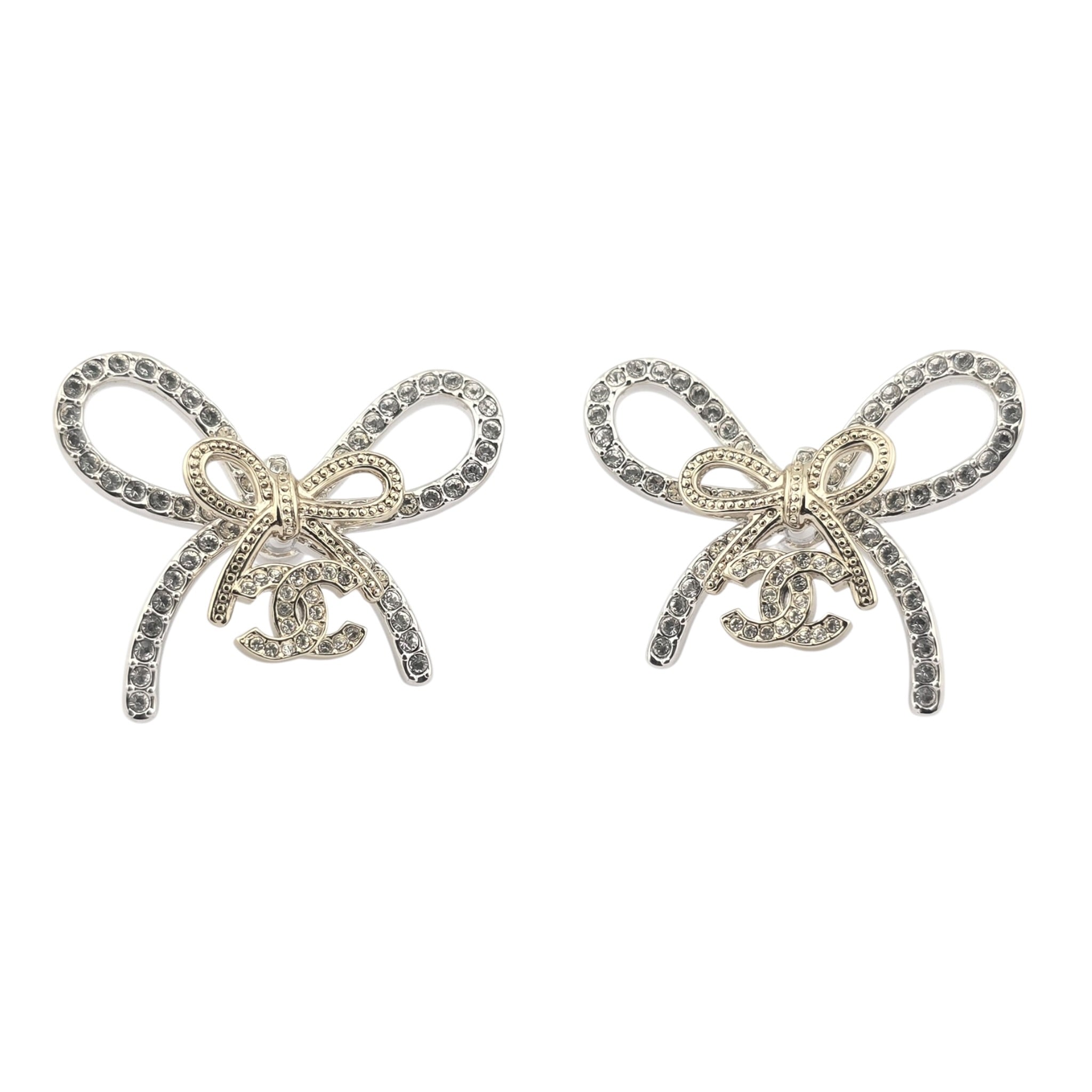 Chanel CC Crystal Bow Stud Earrings Gold 2025 CHANEL