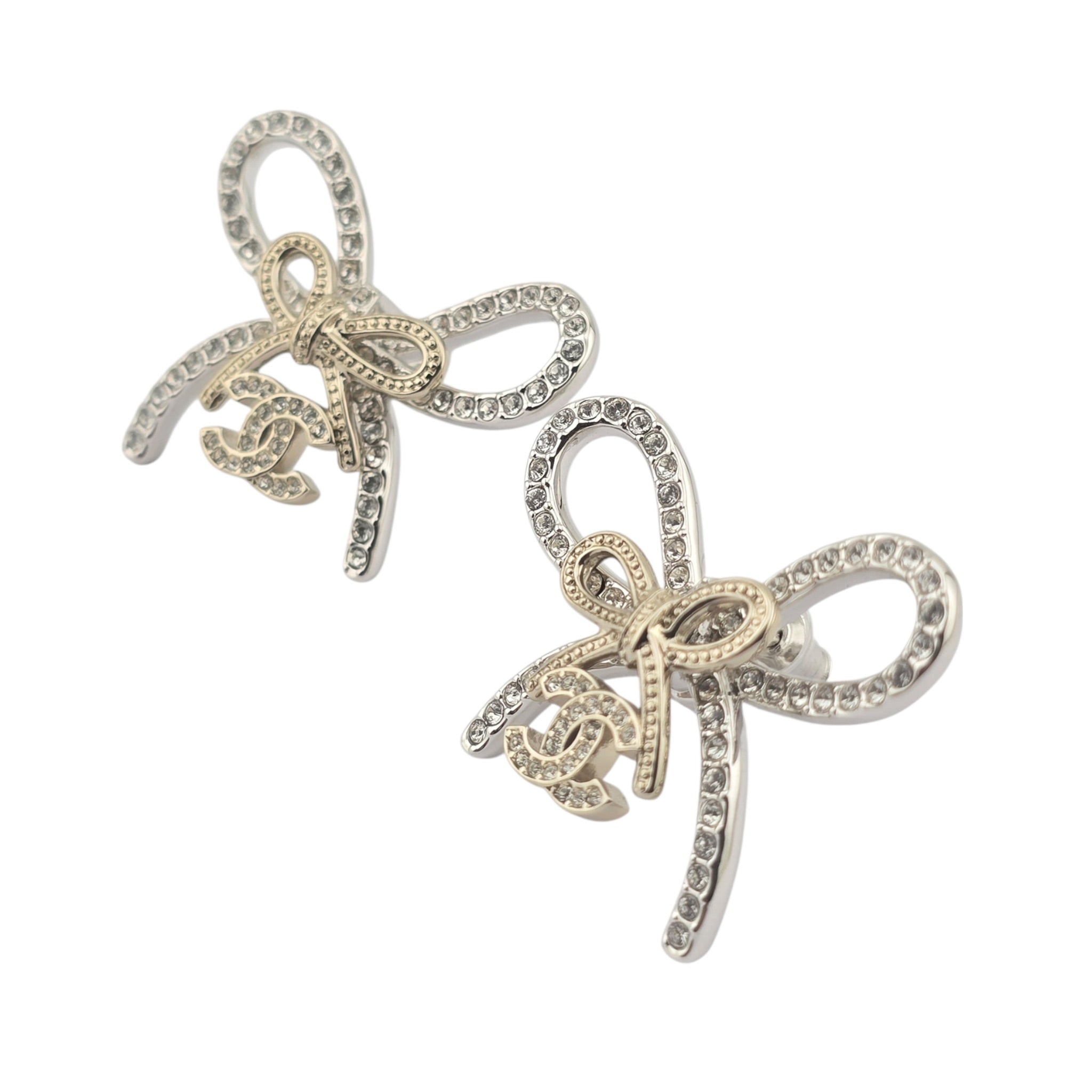 Chanel CC Crystal Bow Stud Earrings Gold 2025 CHANEL
