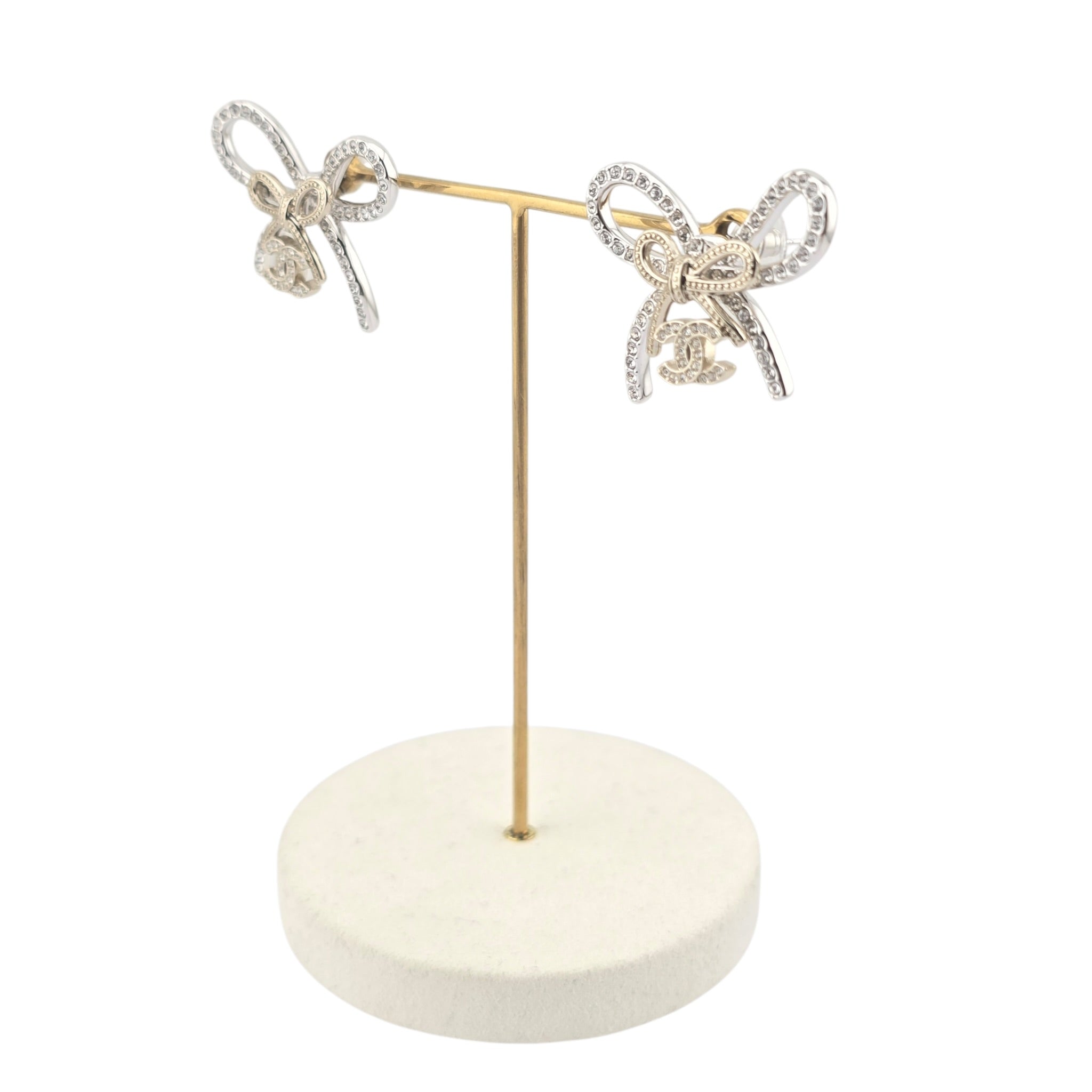 Chanel CC Crystal Bow Stud Earrings Gold 2025 CHANEL