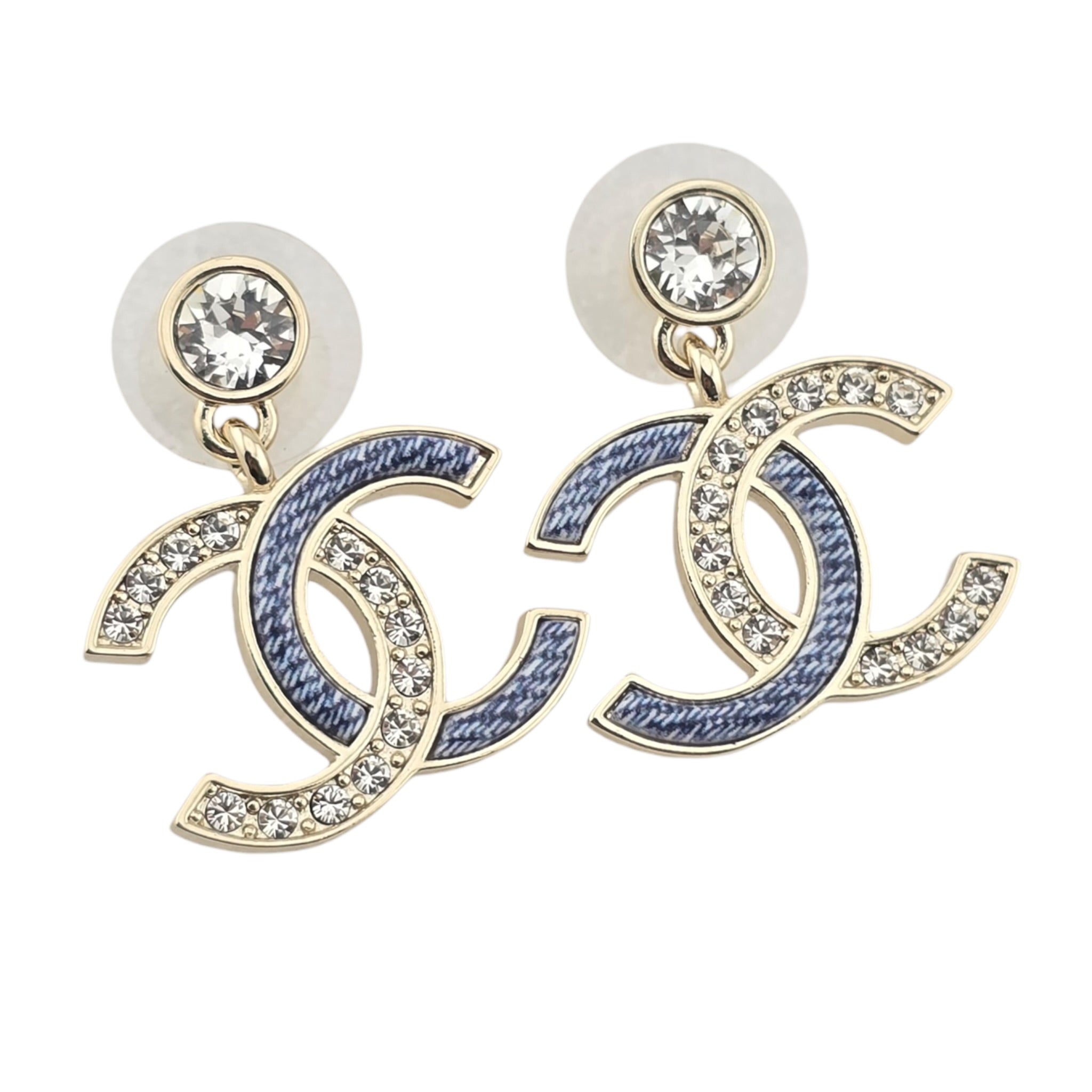 Chanel CC Enamel Crystal Denim Drop Earrings 2026 CHANEL