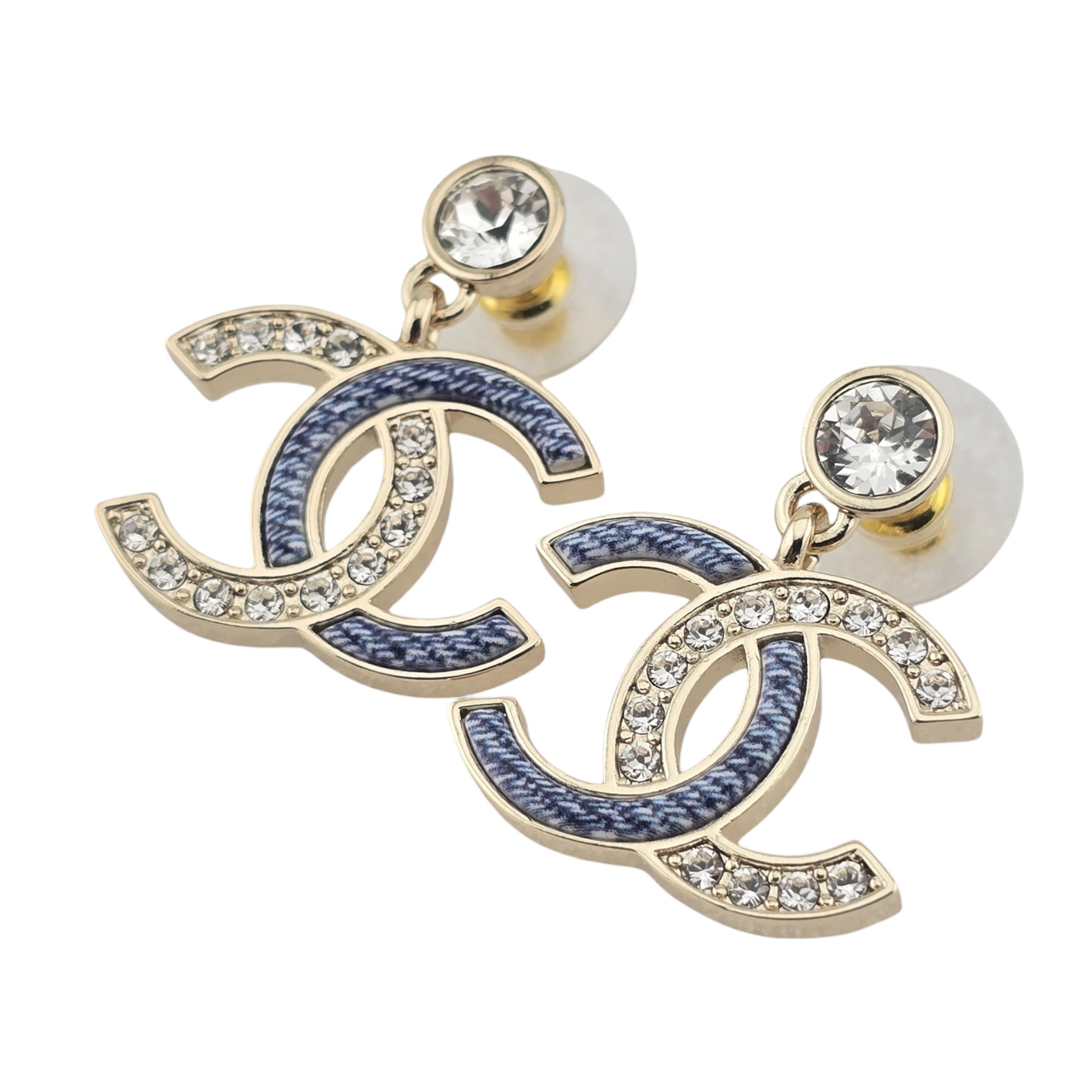 Chanel CC Enamel Crystal Denim Drop Earrings 2026 CHANEL