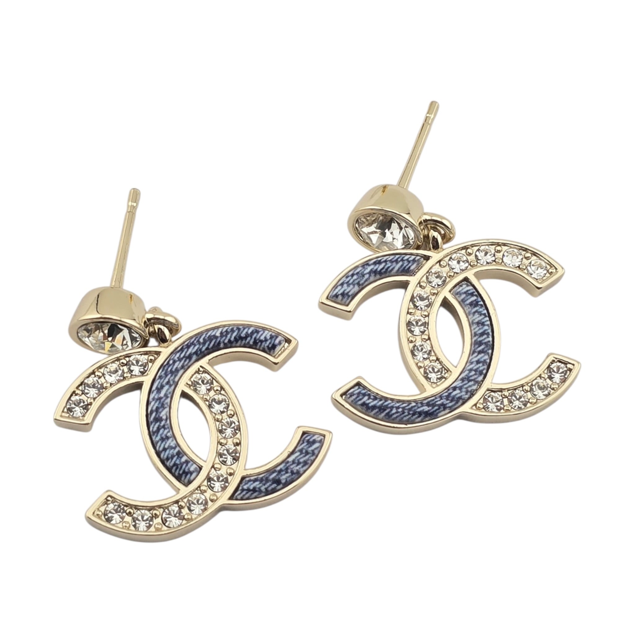 Chanel CC Enamel Crystal Denim Drop Earrings 2026 CHANEL