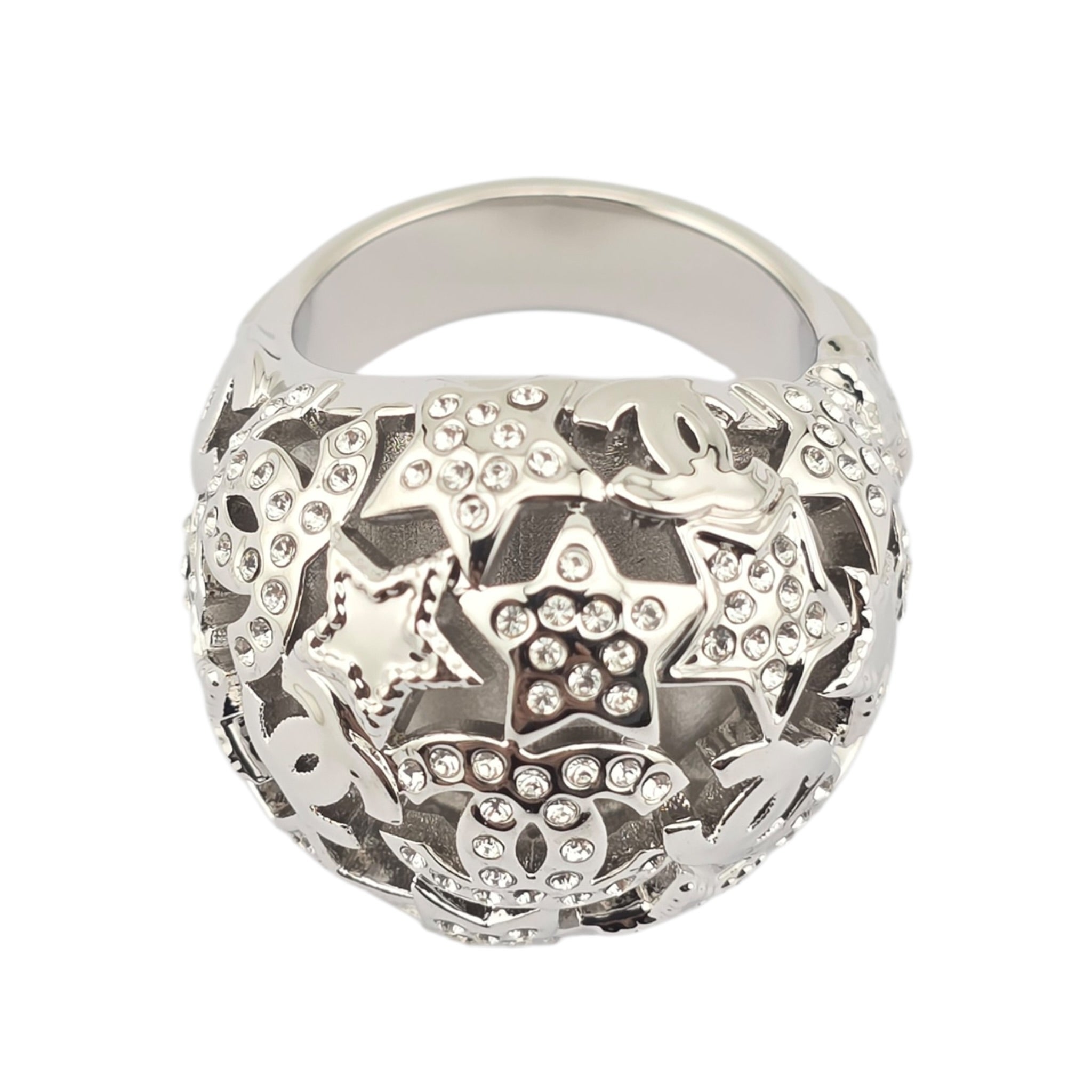 Chanel Metal Crystal Star CC Ring Silver 2025 CHANEL