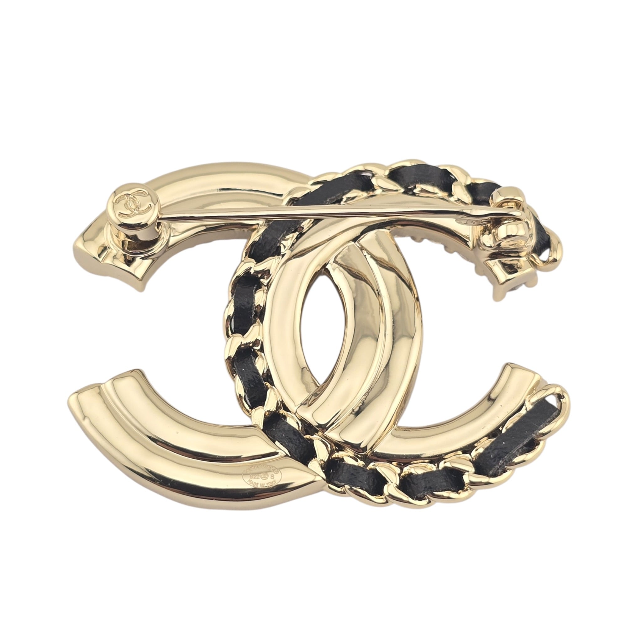 Chanel CC Lambskin Pearl Crystal Quilted Brooch Black Gold CHANEL