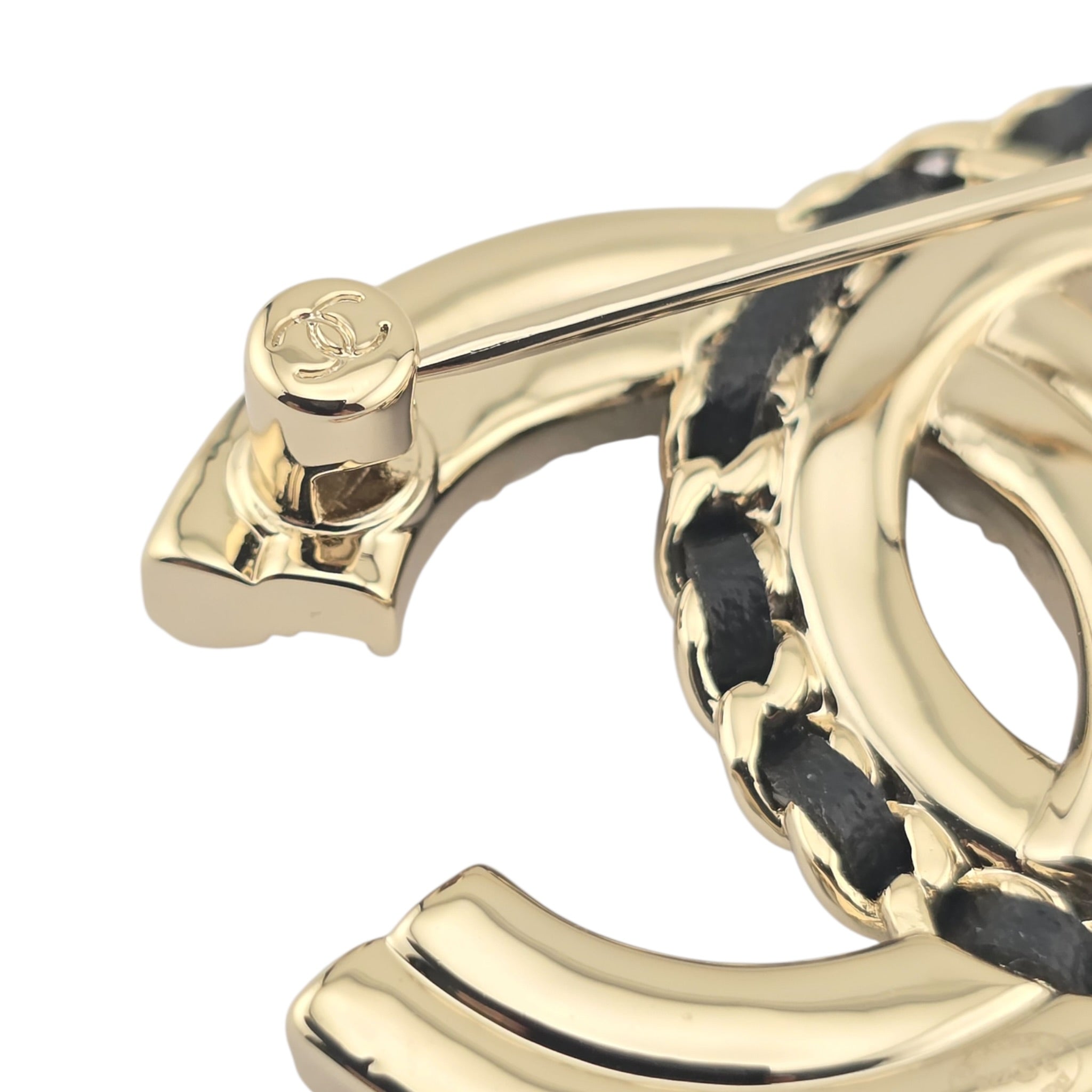 Chanel CC Lambskin Pearl Crystal Quilted Brooch Black Gold CHANEL