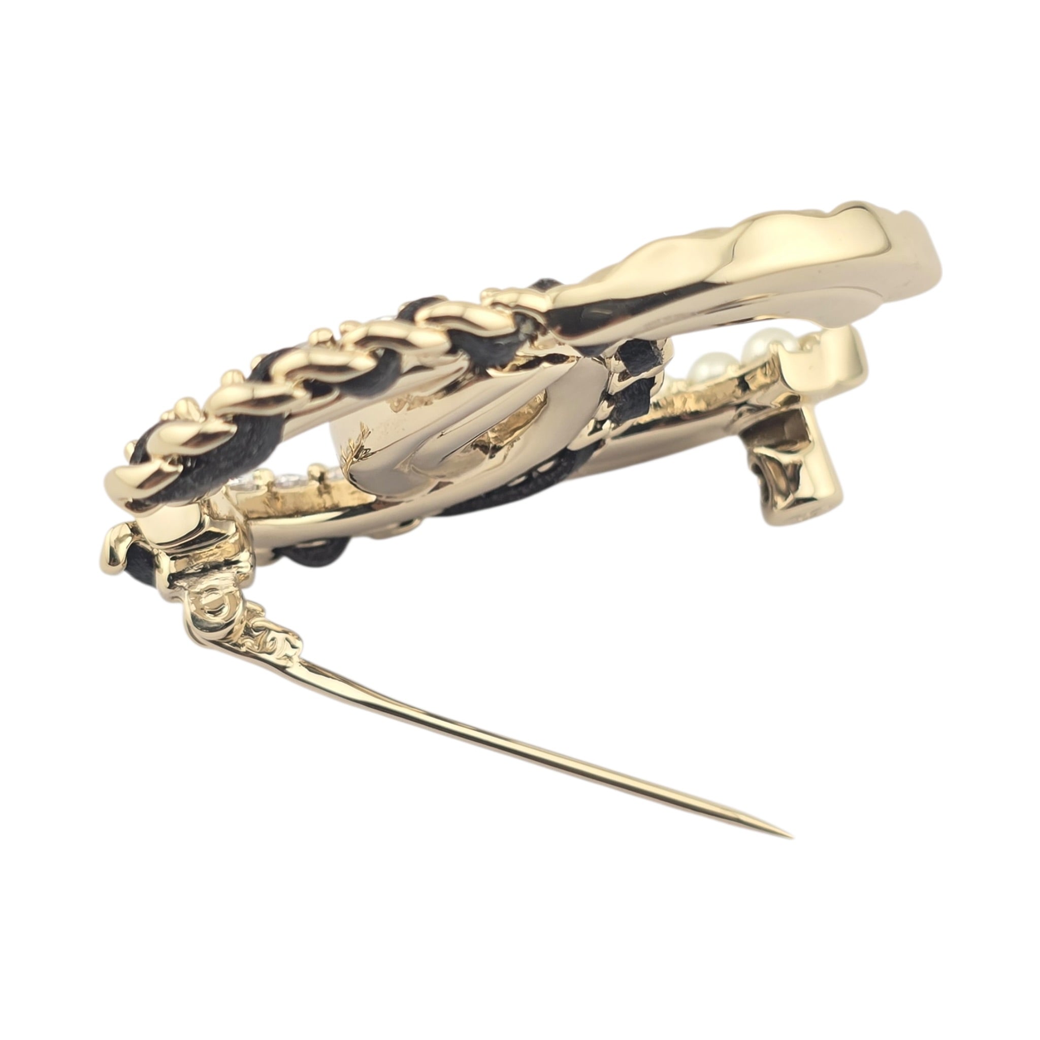 Chanel CC Lambskin Pearl Crystal Quilted Brooch Black Gold CHANEL