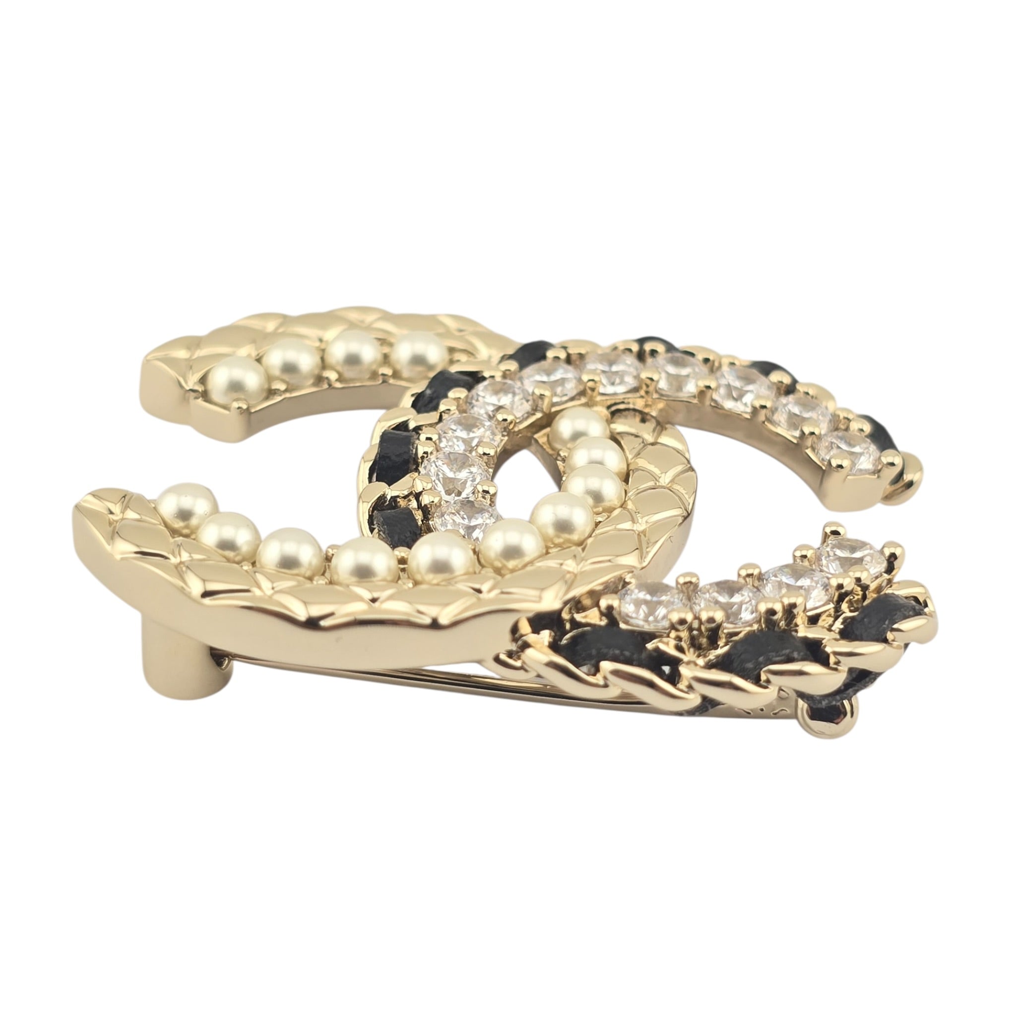 Chanel CC Lambskin Pearl Crystal Quilted Brooch Black Gold CHANEL