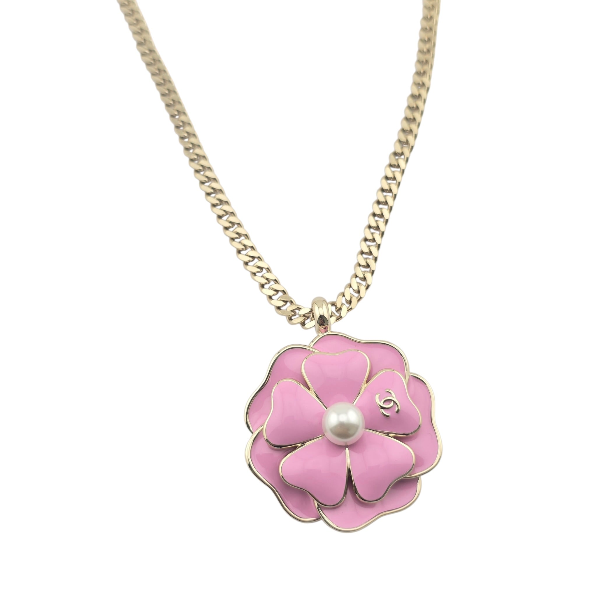 Chanel CC Pink Enamel Camellia Pendant Necklace 2025 CHANEL
