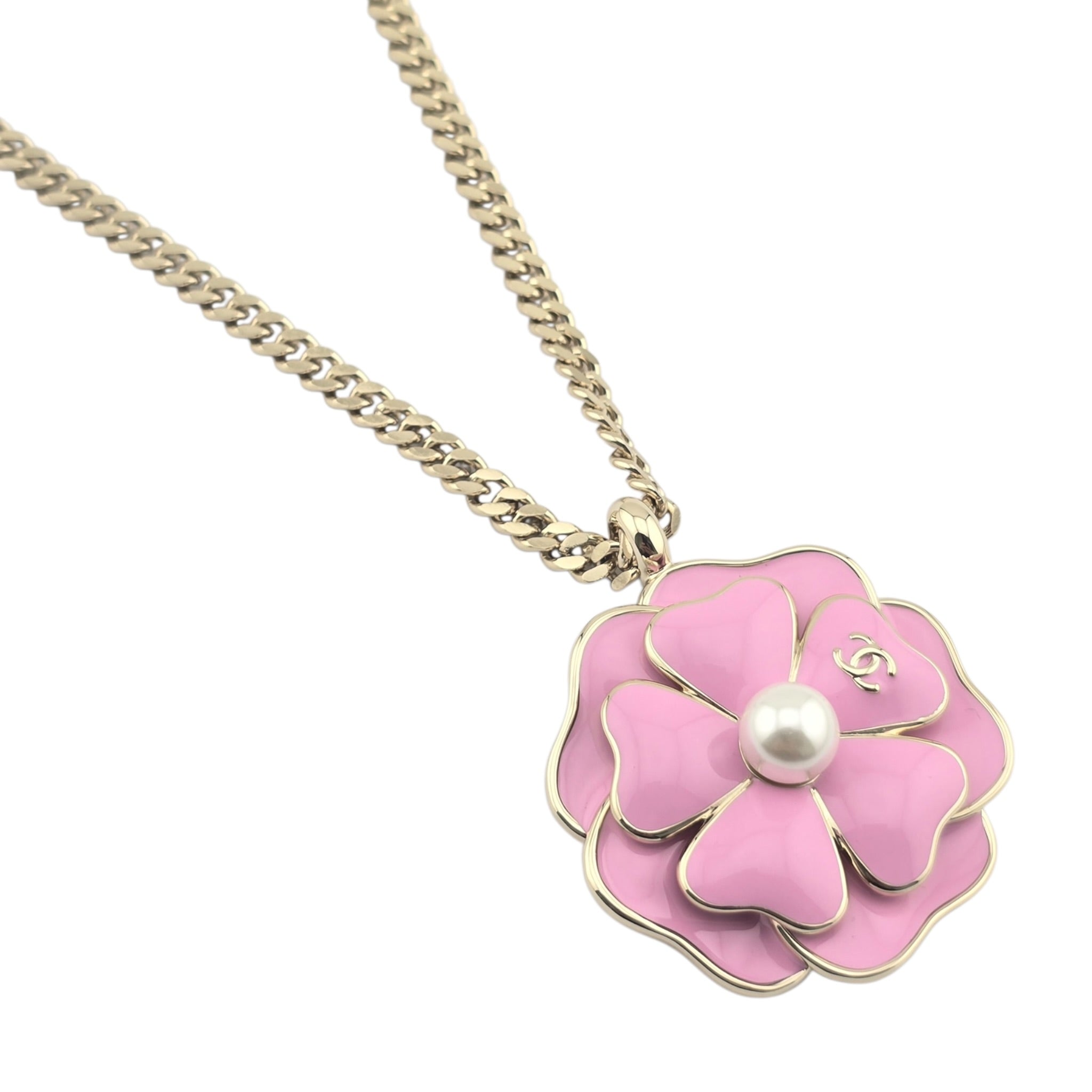 Chanel CC Pink Enamel Camellia Pendant Necklace 2025 CHANEL