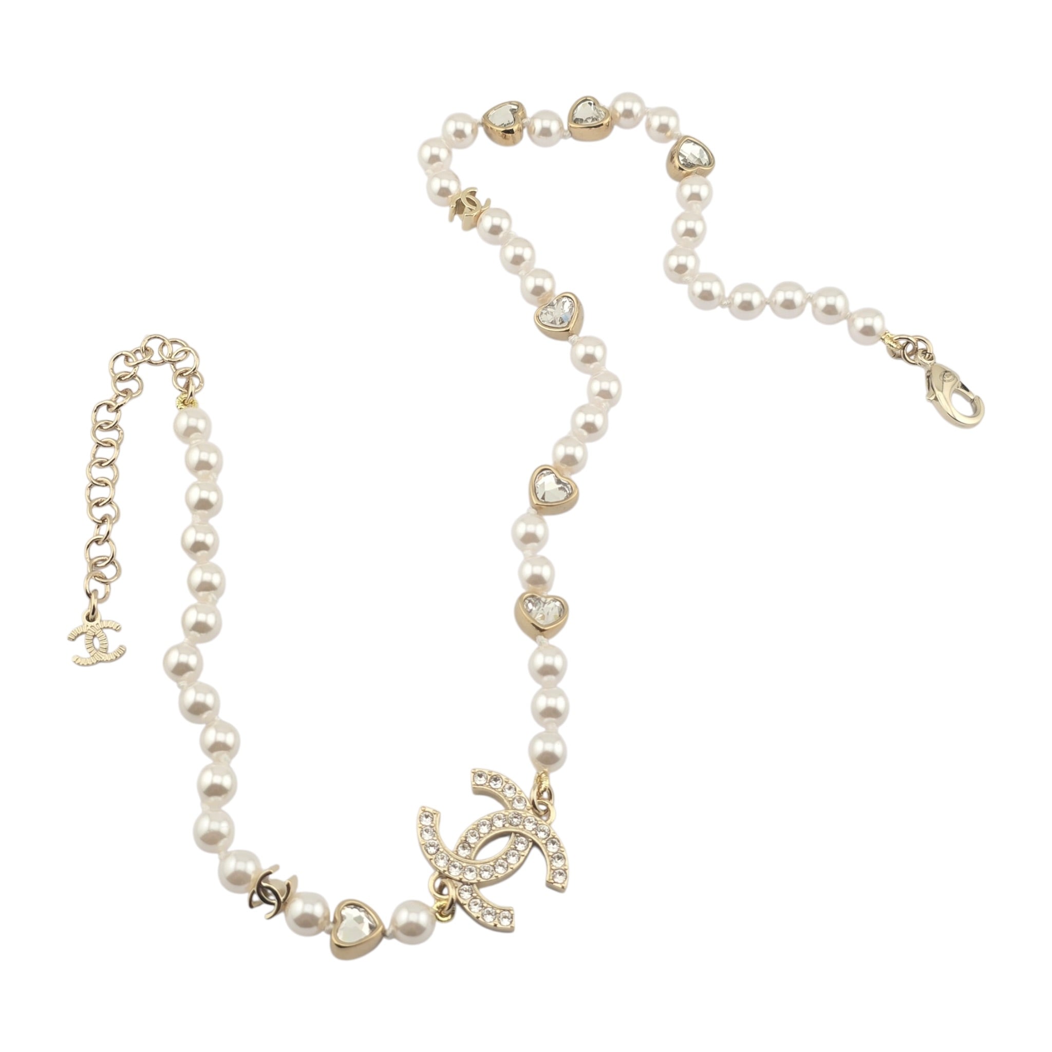Chanel CC Faux Pearl Crystal Heart Necklace 2025 CHANEL