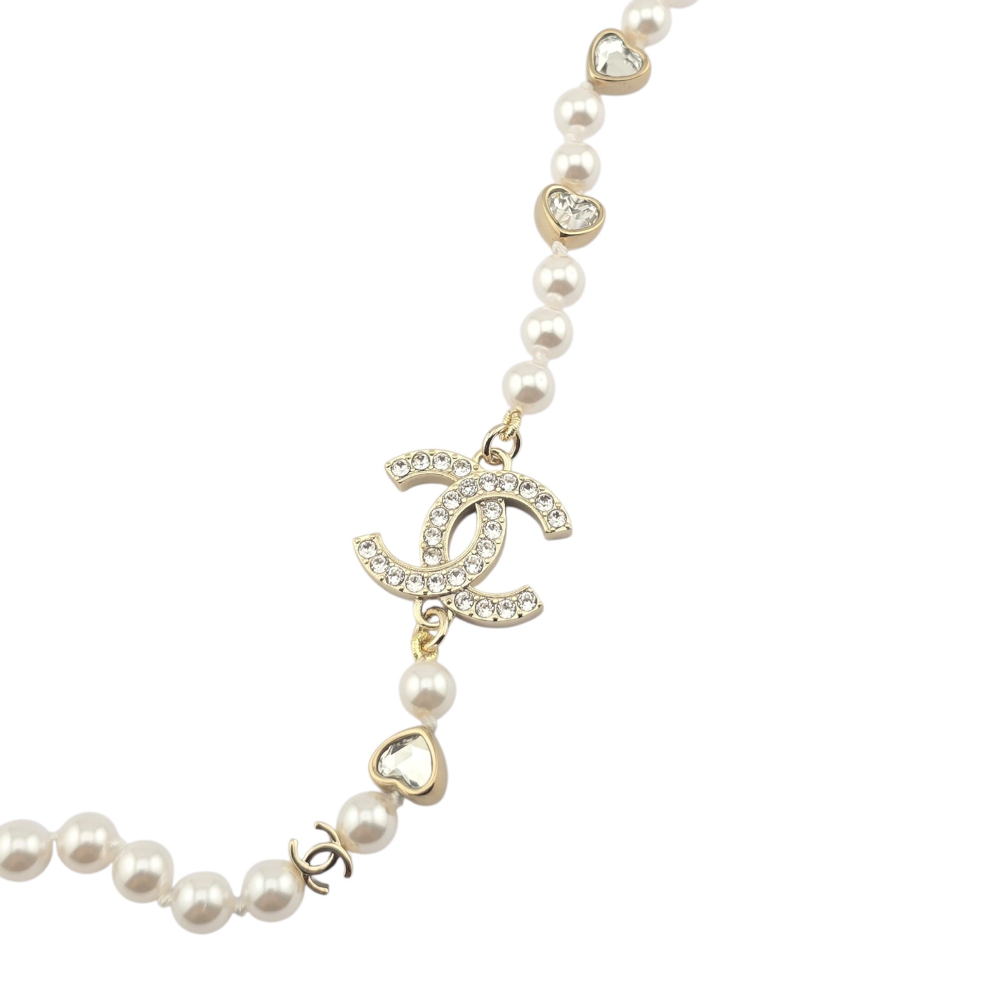 Chanel CC Faux Pearl Crystal Heart Necklace 2025 CHANEL