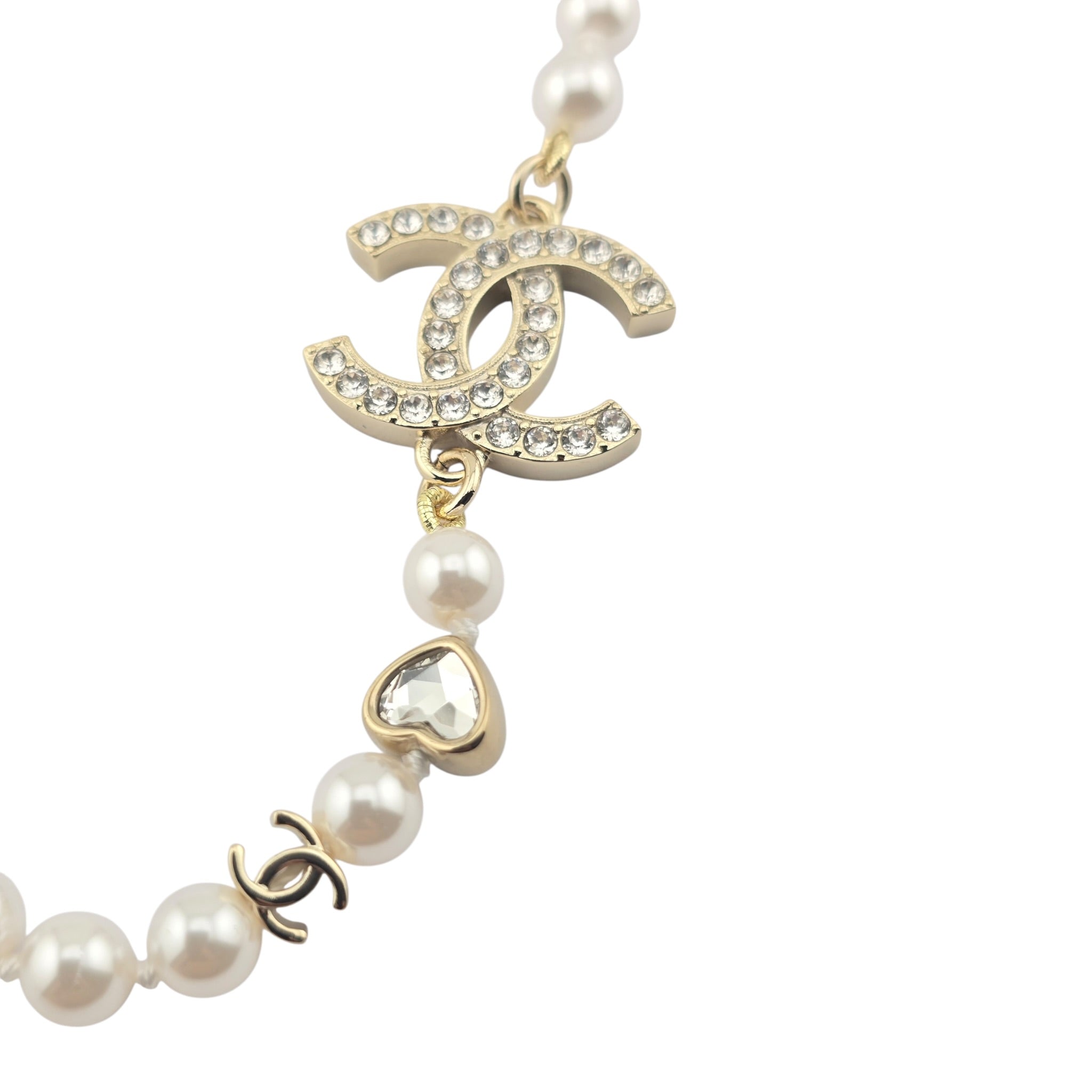 Chanel CC Faux Pearl Crystal Heart Necklace 2025 CHANEL