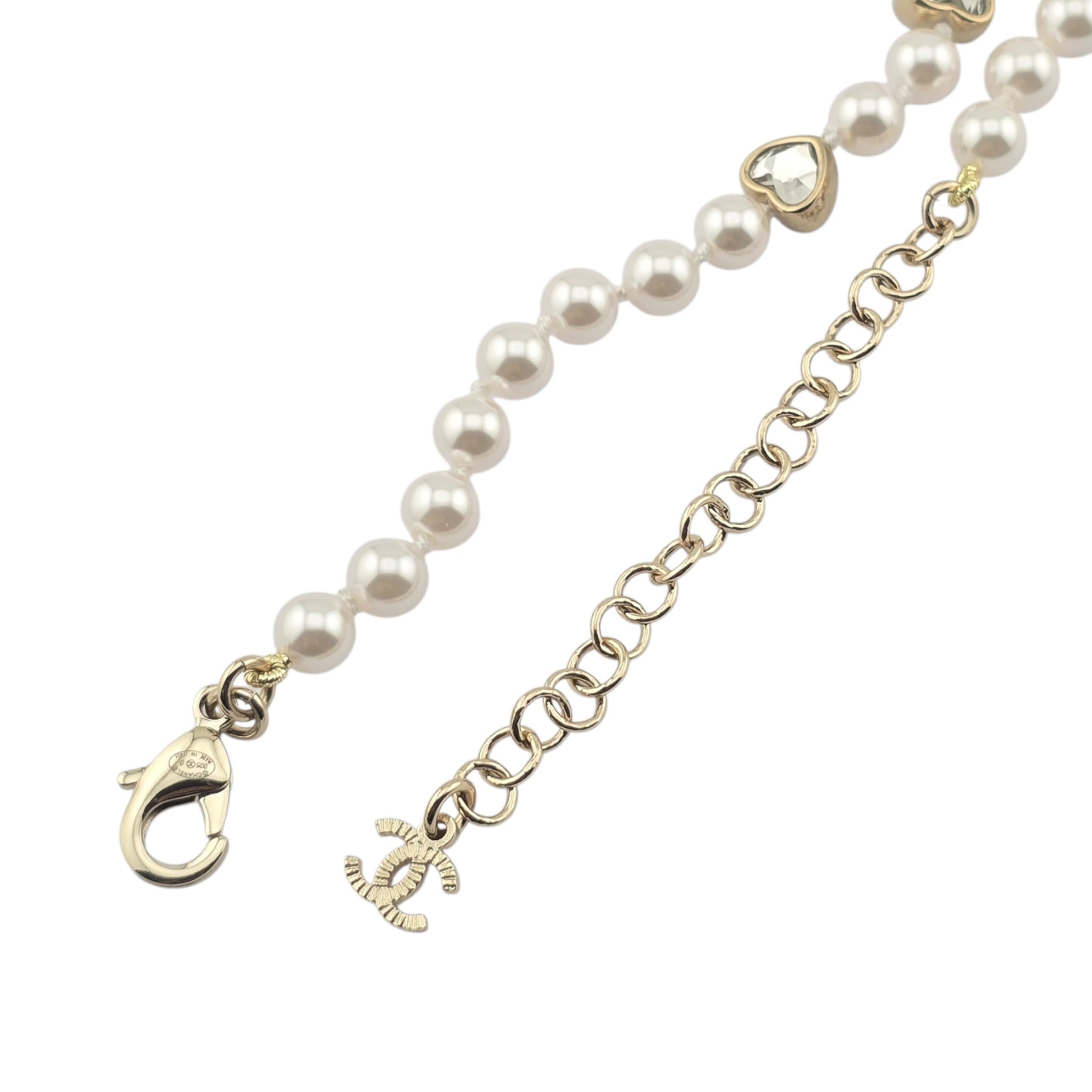 Chanel CC Faux Pearl Crystal Heart Necklace 2025 CHANEL