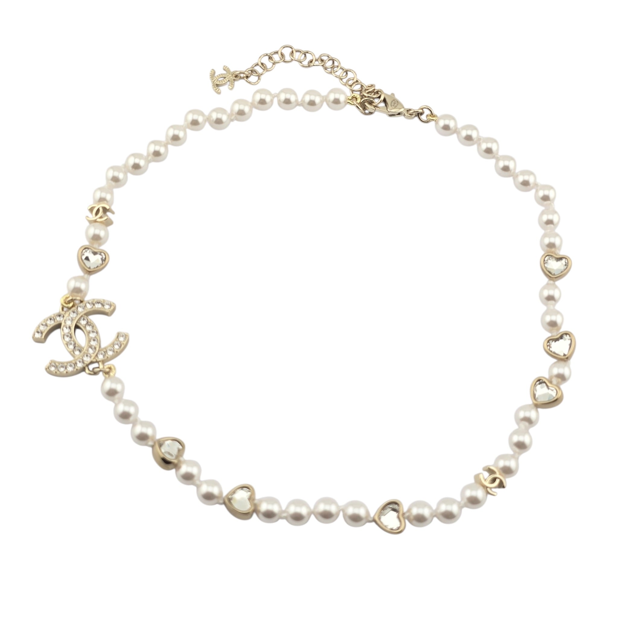 Chanel CC Faux Pearl Crystal Heart Necklace 2025 CHANEL