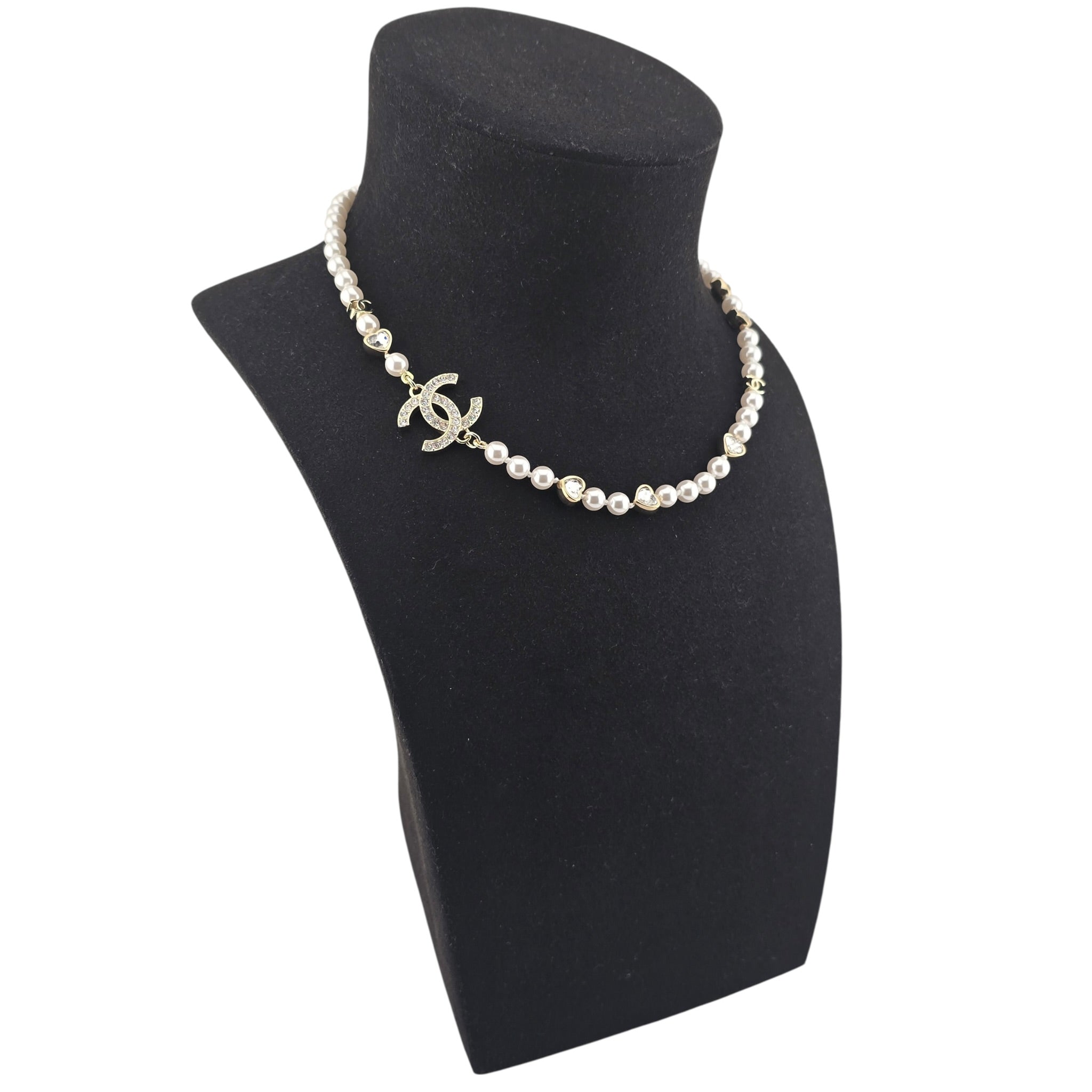 Chanel CC Faux Pearl Crystal Heart Necklace 2025 CHANEL