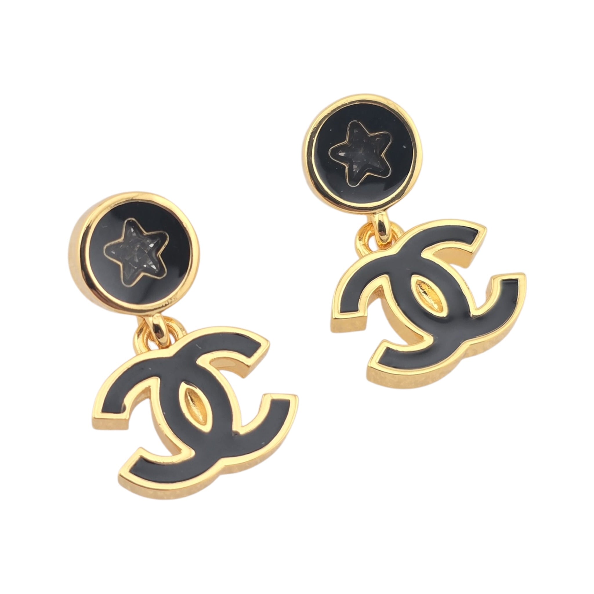 Chanel CC Metal Resin Logo Drop Star Earrings Gold Black 2025 CHANEL