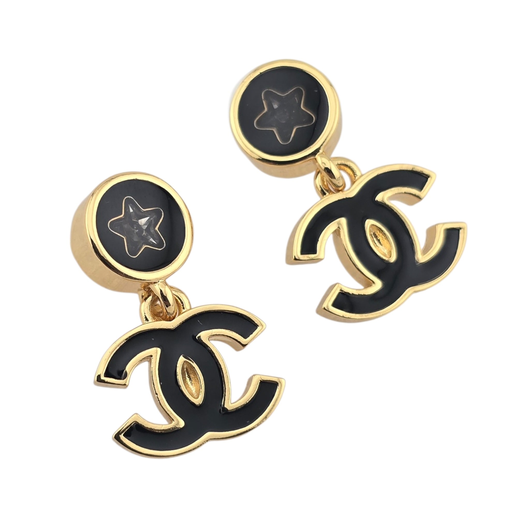 Chanel CC Metal Resin Logo Drop Star Earrings Gold Black 2025 CHANEL