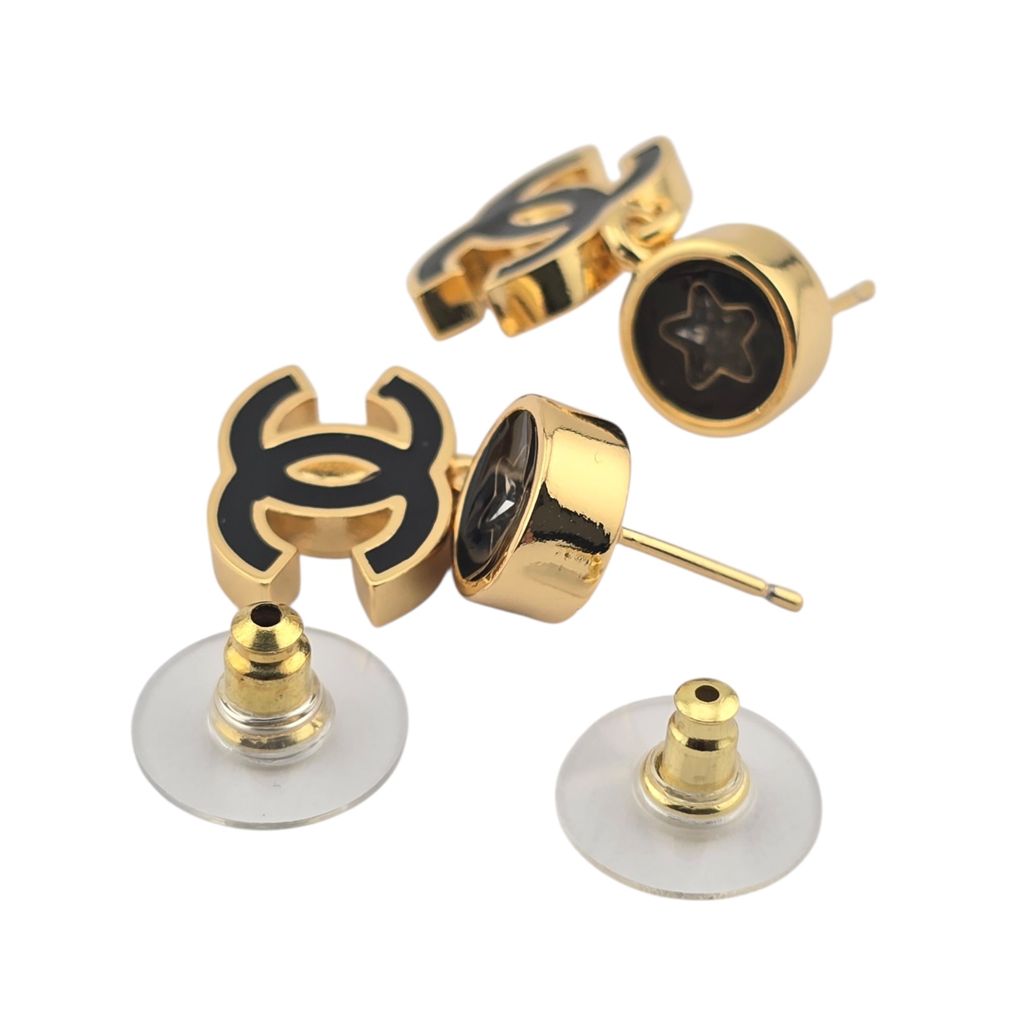 Chanel CC Metal Resin Logo Drop Star Earrings Gold Black 2025 CHANEL