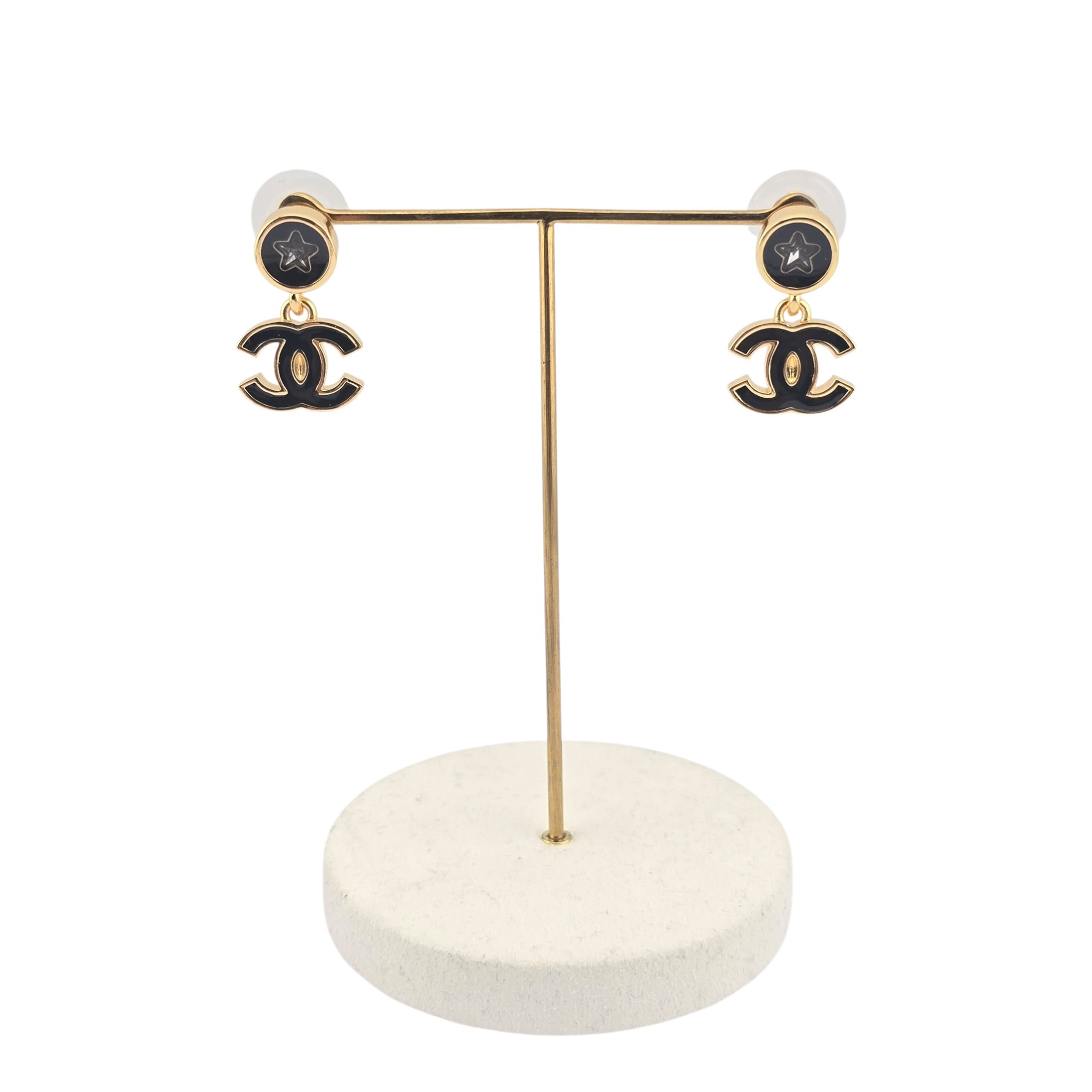 Chanel CC Metal Resin Logo Drop Star Earrings Gold Black 2025 CHANEL
