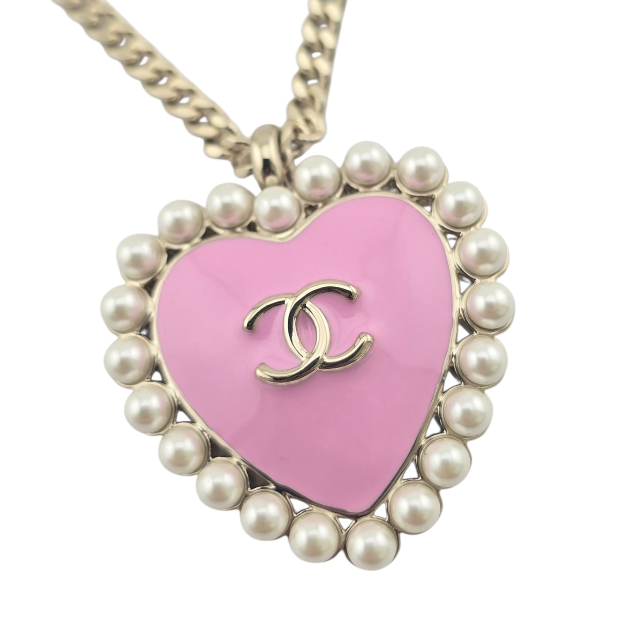 Chanel CC Pink Gold Heart Faux Pearl Necklace 2025 CHANEL