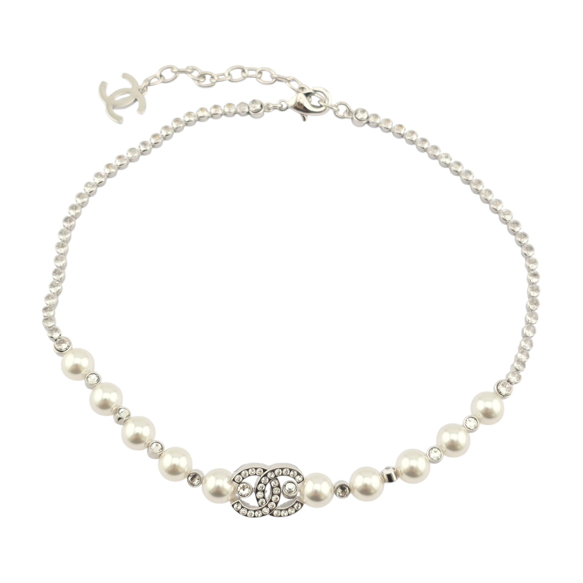 Chanel CC Silver Faux Pearl Crystal Necklace 2025 CHANEL