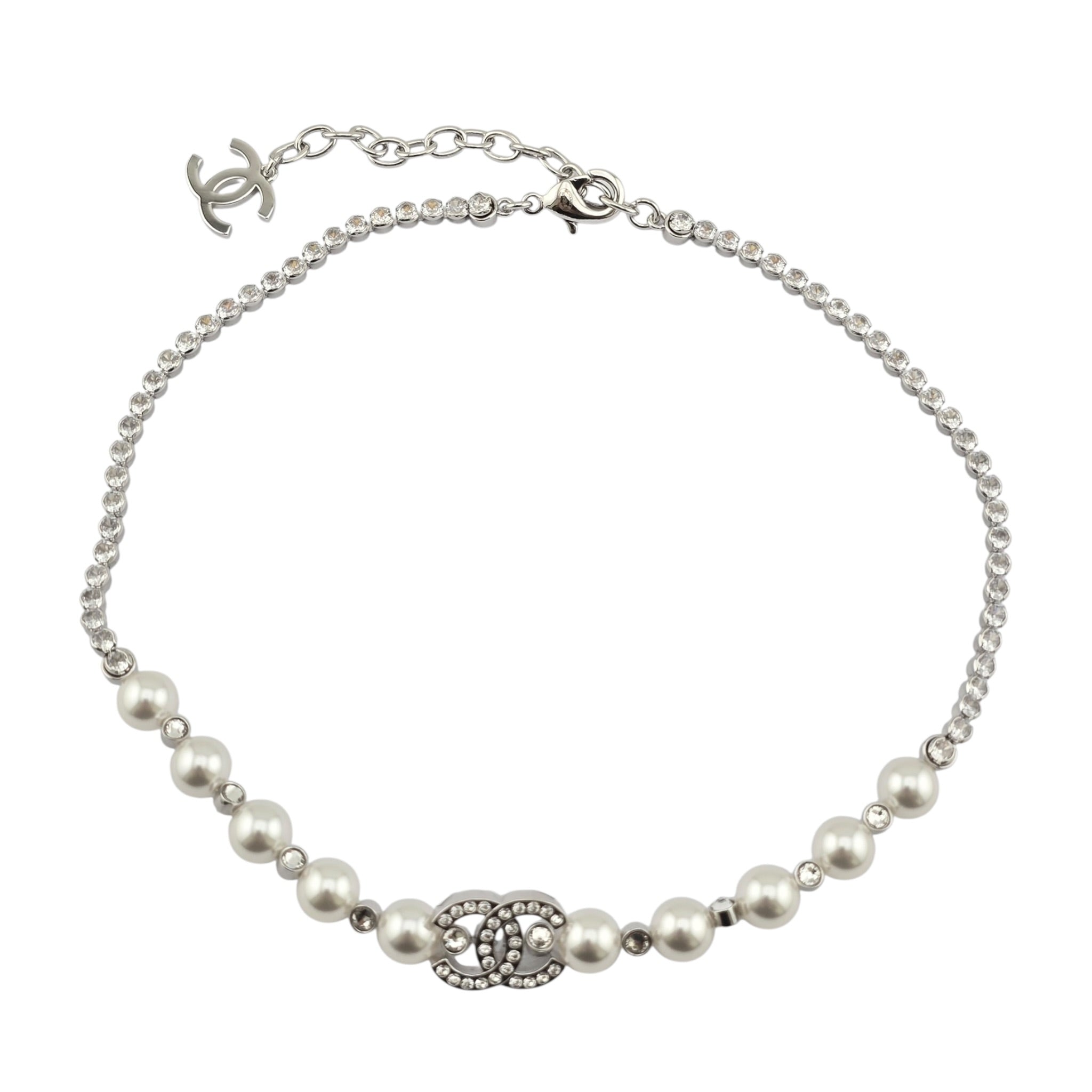 Chanel CC Silver Faux Pearl Crystal Necklace 2025 CHANEL
