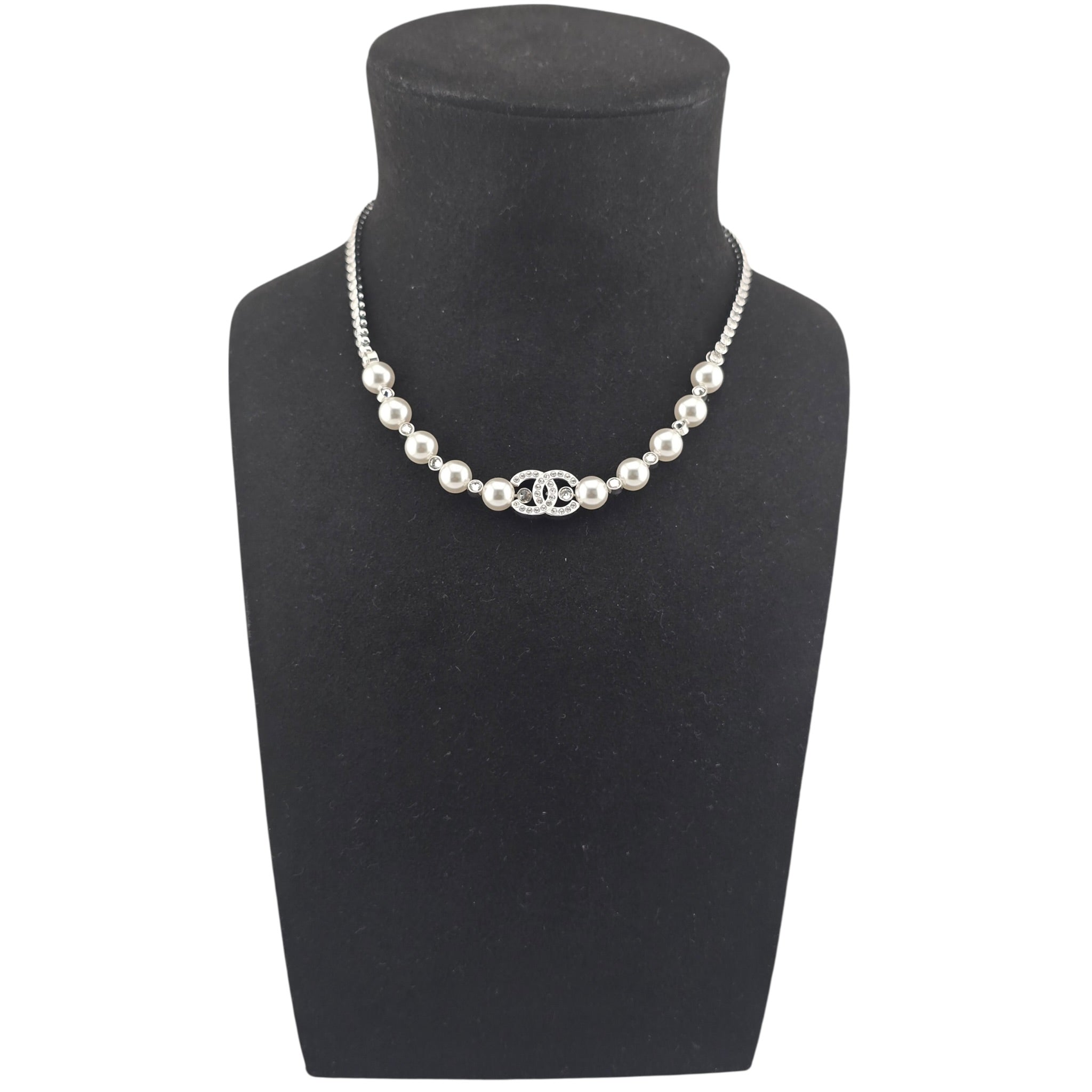 Chanel CC Silver Faux Pearl Crystal Necklace 2025 CHANEL