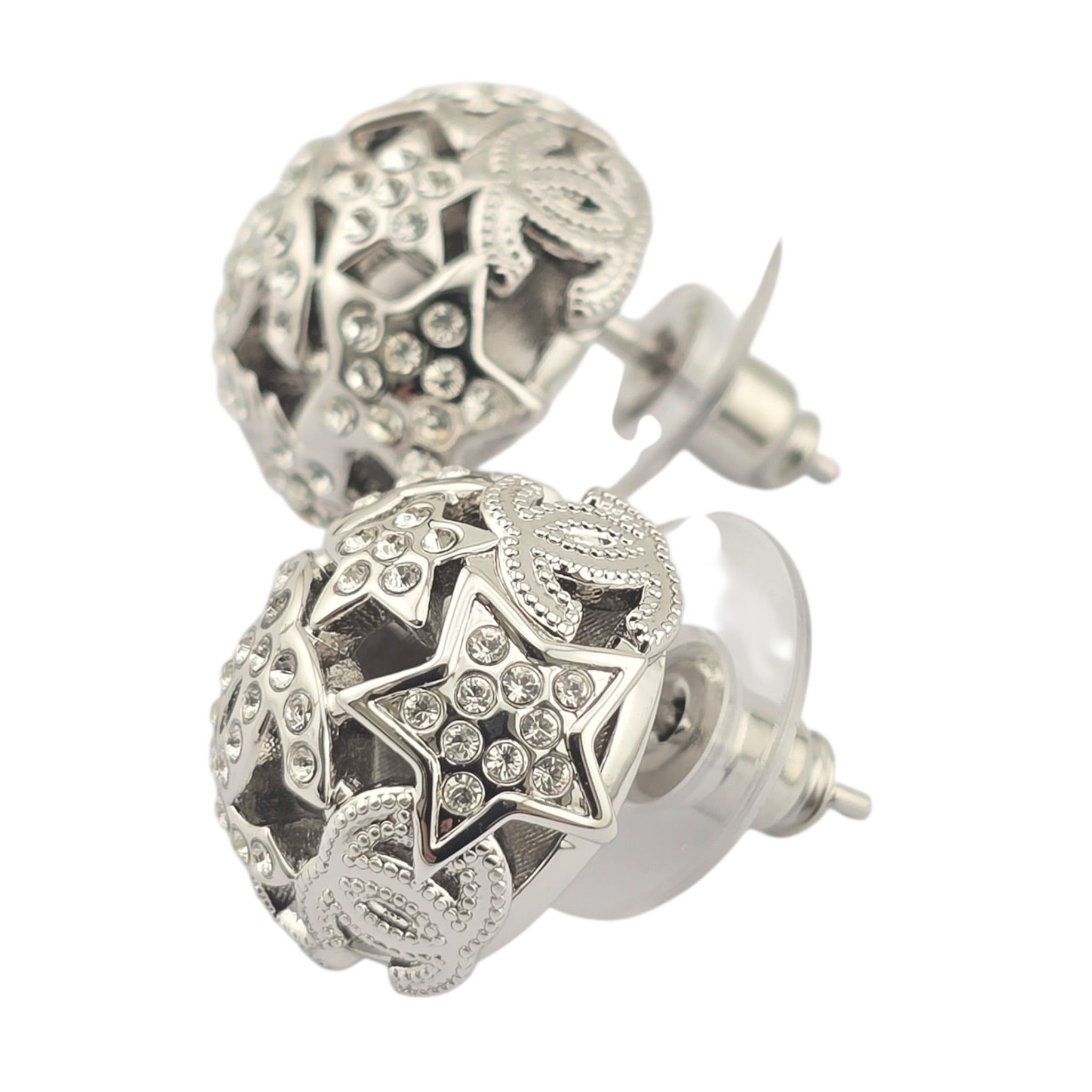 Chanel CC Silver Round Crystal Star Earrings 2025 CHANEL