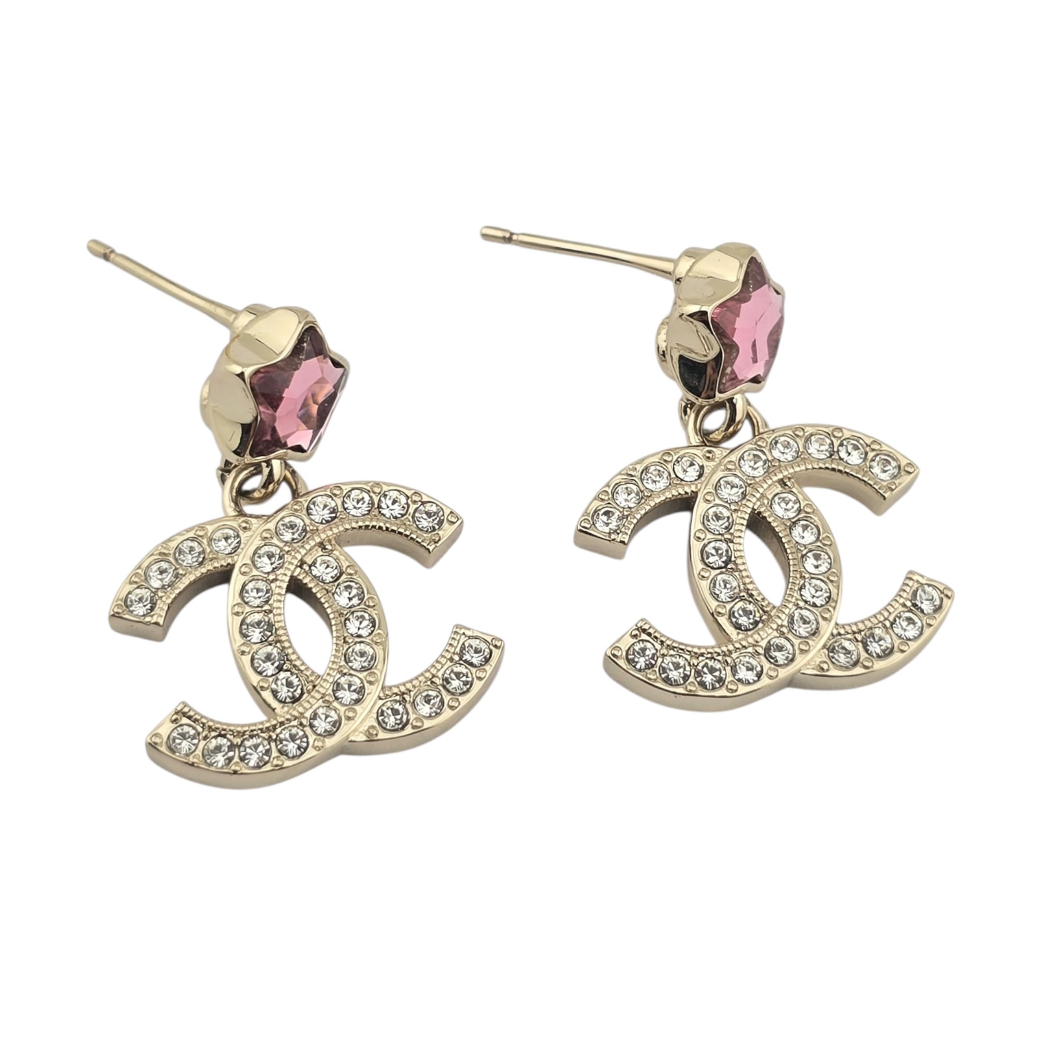 Chanel CC Metal Crystal Star Drop Earrings Gold Pink CHANEL