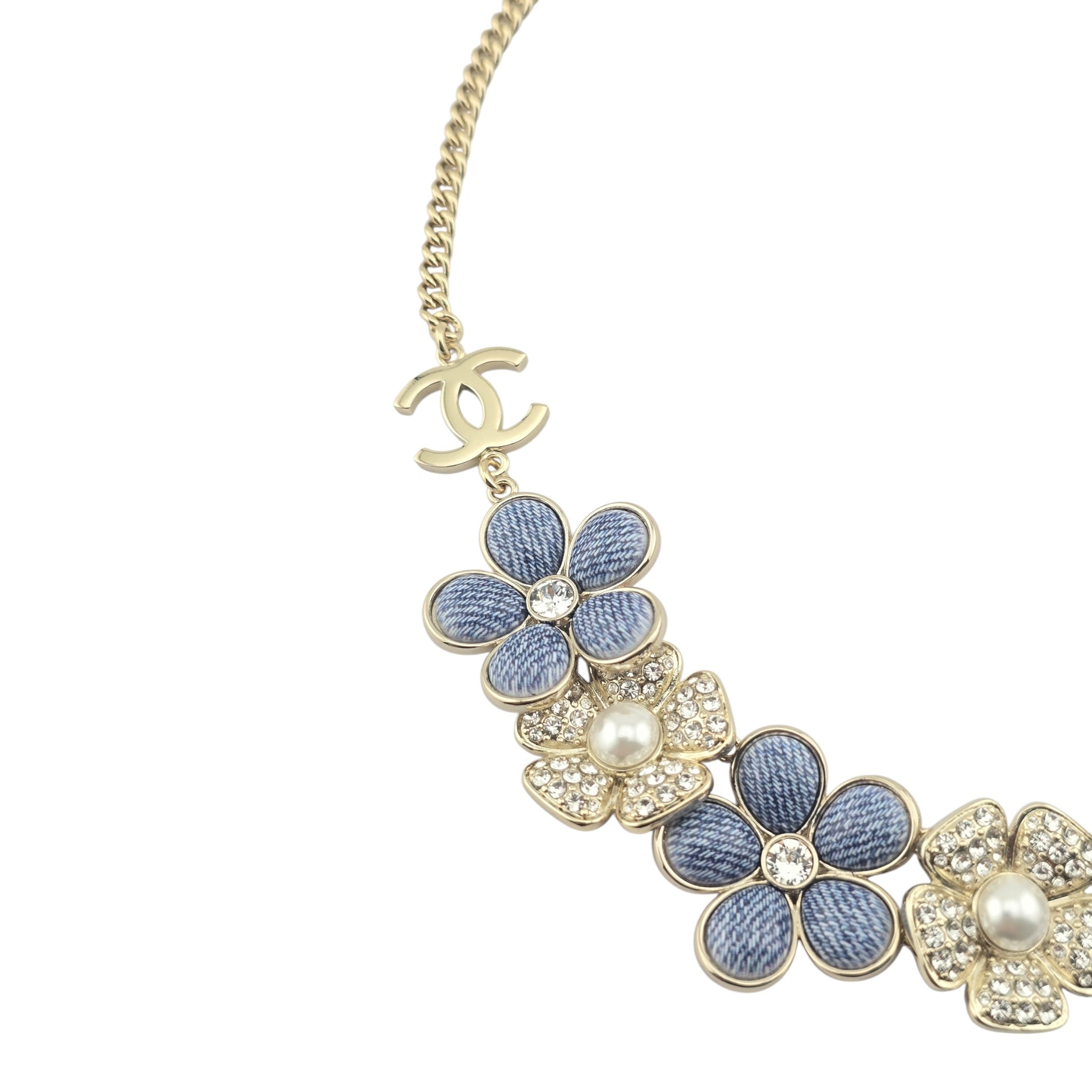 Chanel CC Blue Gold Flower Crystal Resin Denim Necklace 2026 CHANEL