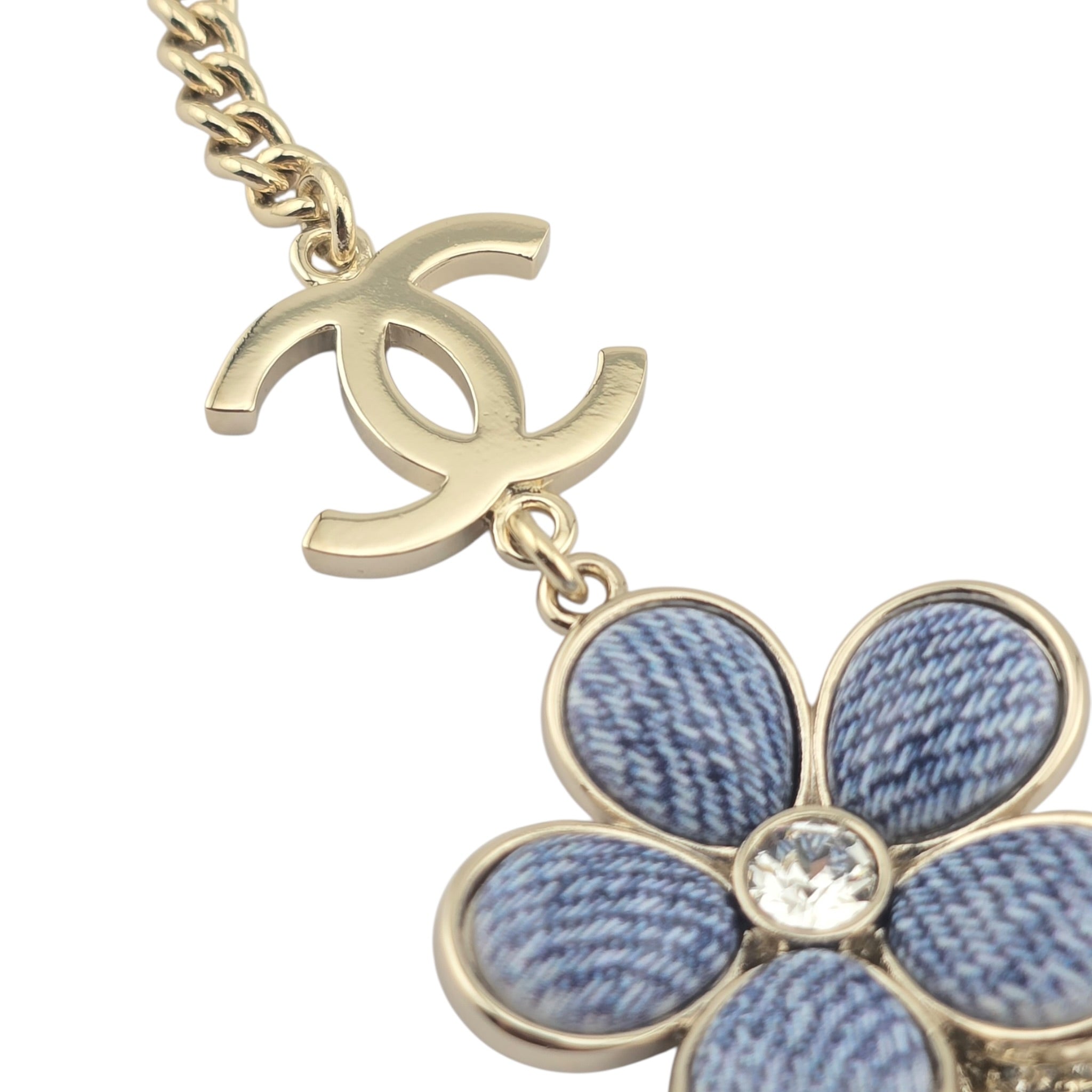 Chanel CC Blue Gold Flower Crystal Resin Denim Necklace 2026 CHANEL