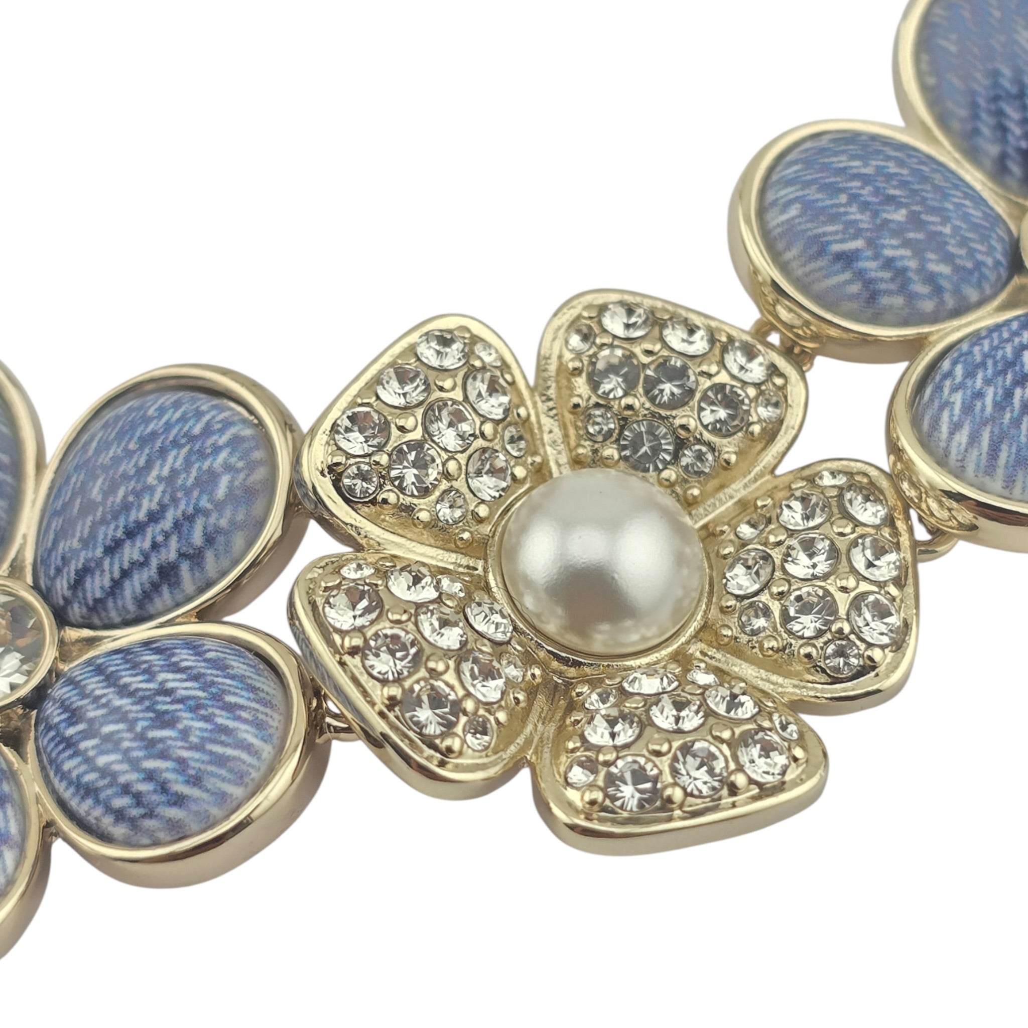 Chanel CC Blue Gold Flower Crystal Resin Denim Necklace 2026 CHANEL