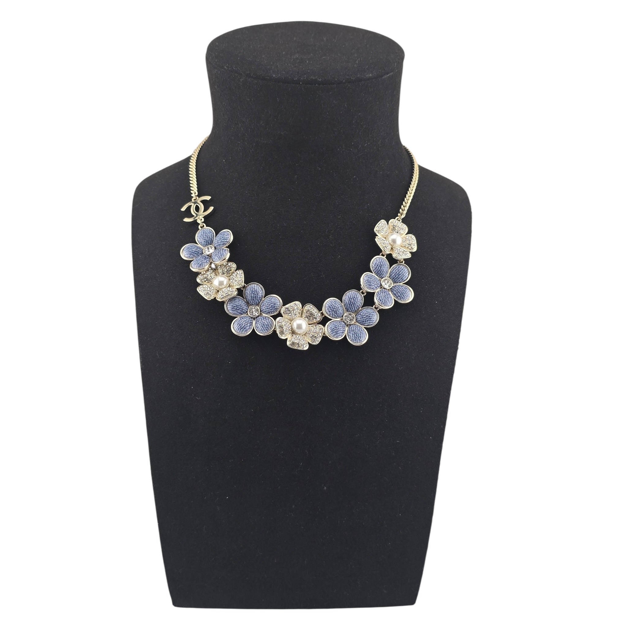 Chanel CC Blue Gold Flower Crystal Resin Denim Necklace 2026 CHANEL