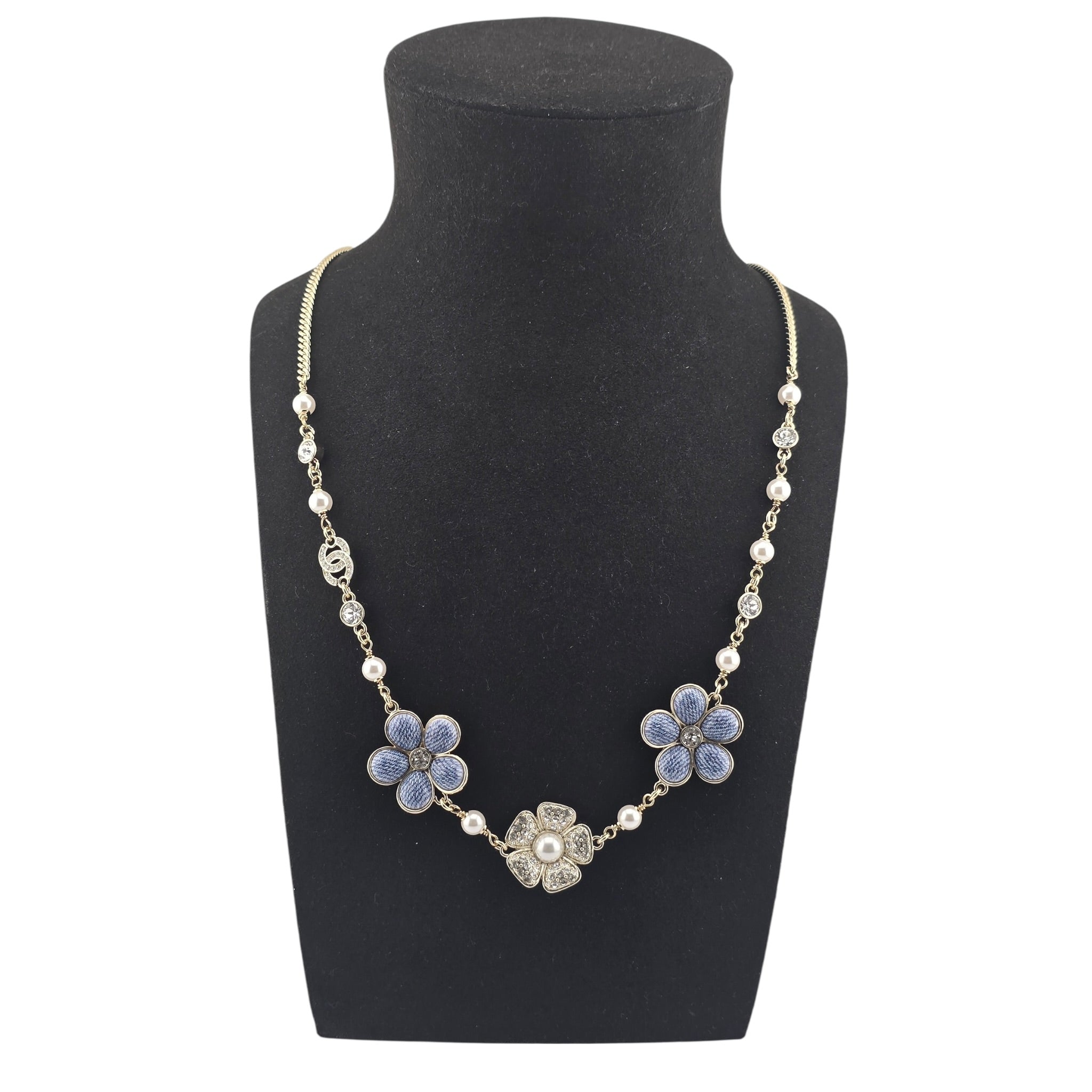 Chanel CC Gold Blue Flower Resin Denim Necklace 2026 CHANEL
