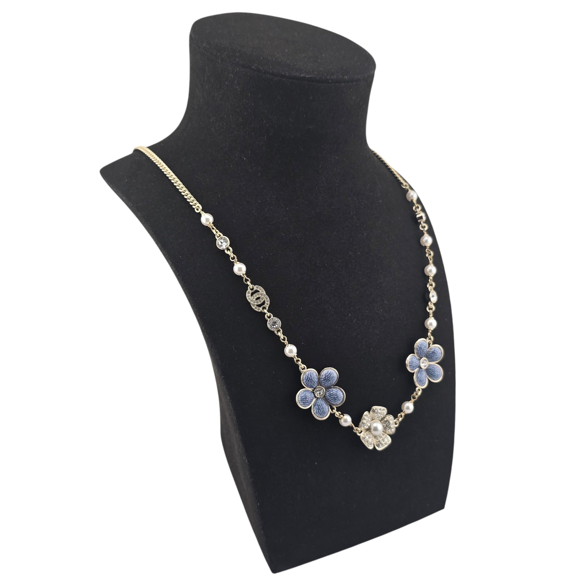 Chanel CC Gold Blue Flower Resin Denim Necklace 2026 CHANEL