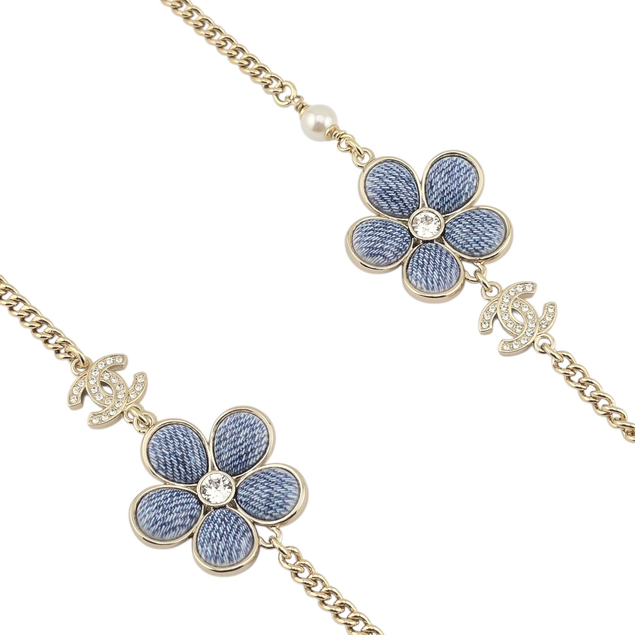 Chanel CC Blue Gold Flower Resin Denim Long Necklace 2026 CHANEL