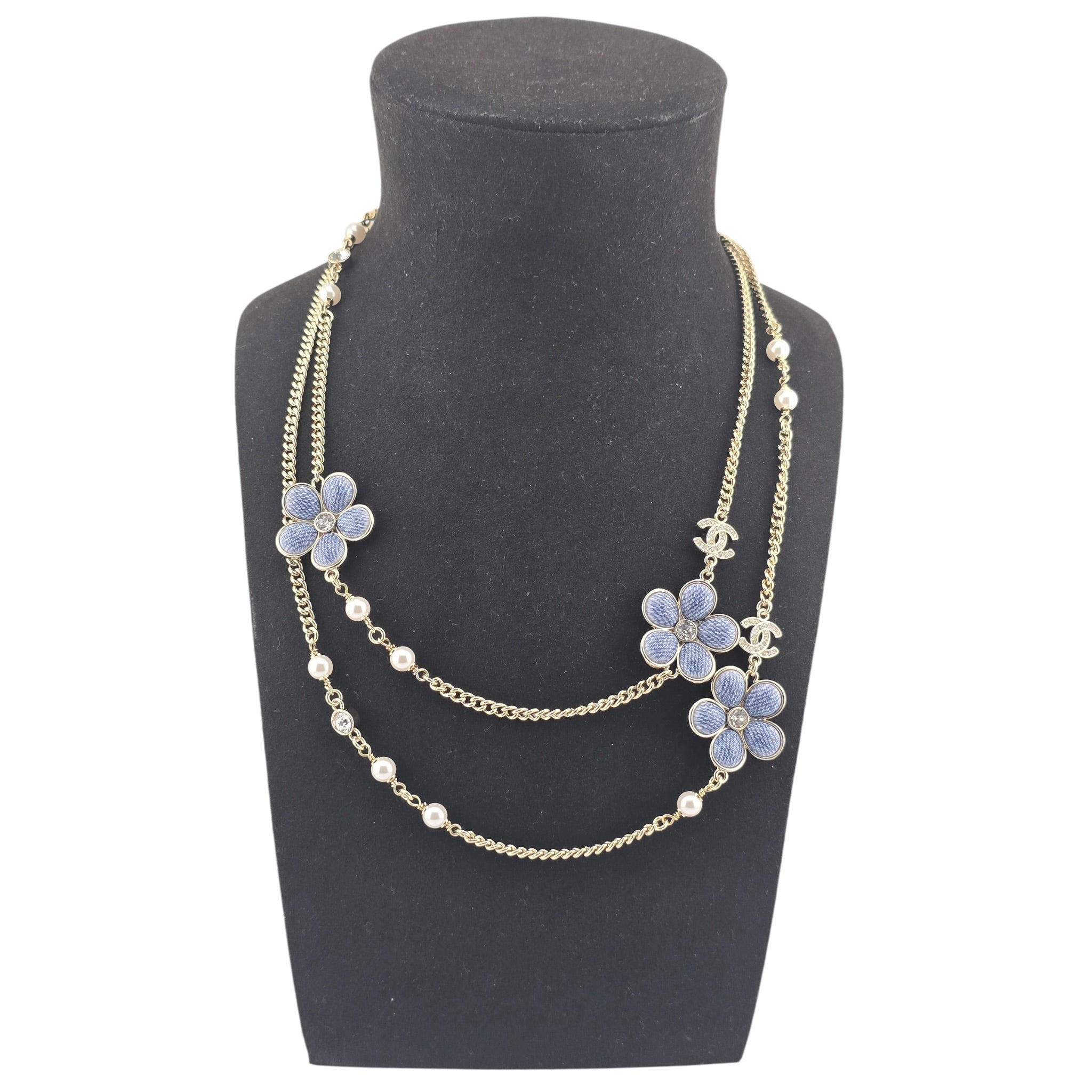 Chanel CC Blue Gold Flower Resin Denim Long Necklace 2026 CHANEL