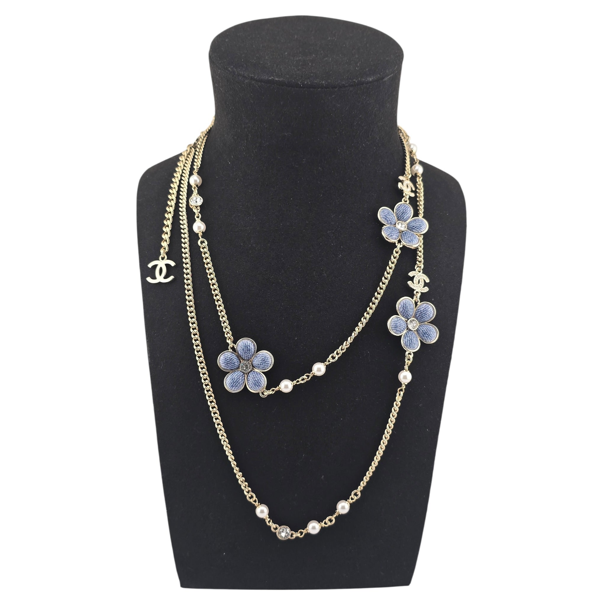 Chanel CC Blue Gold Flower Resin Denim Long Necklace 2026 CHANEL