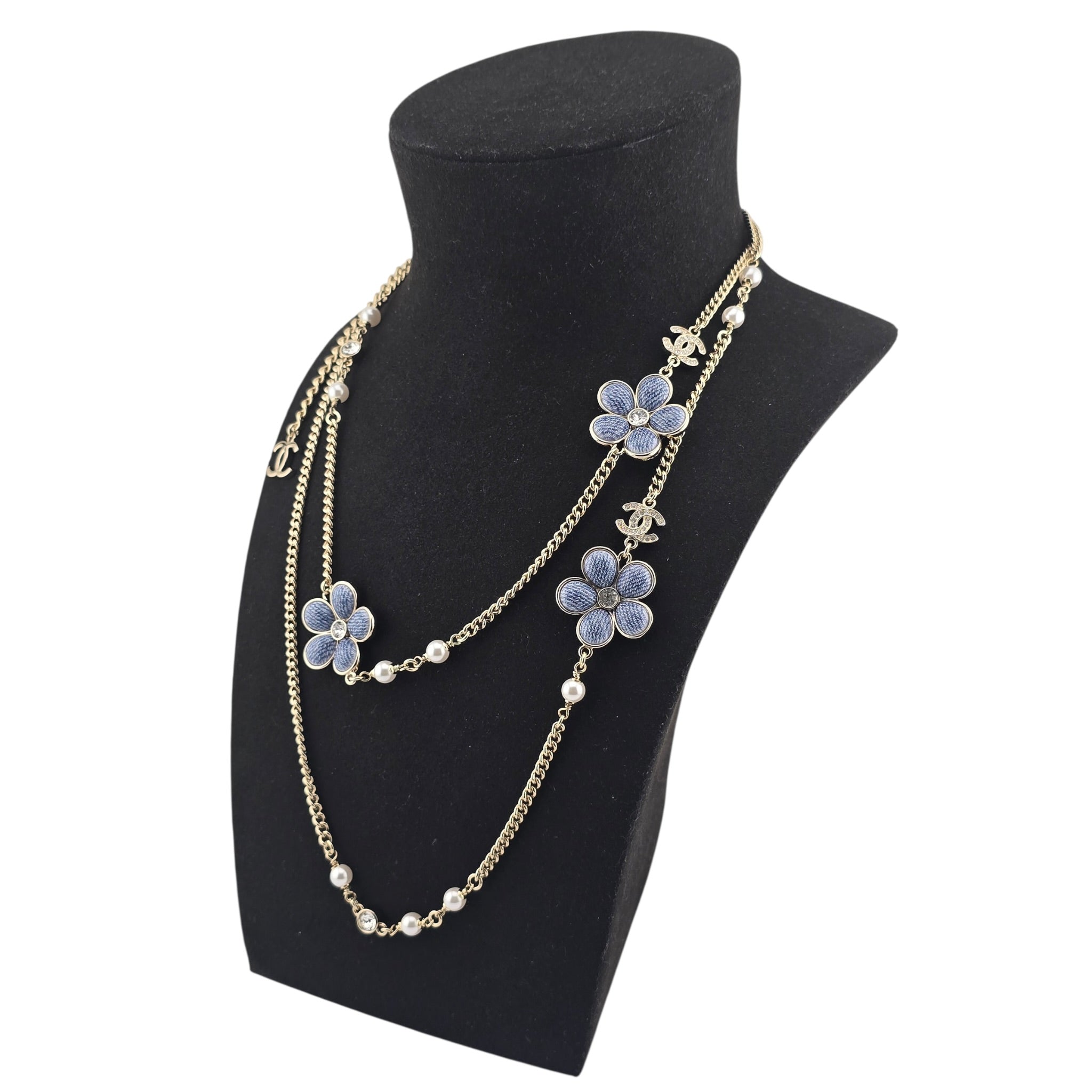 Chanel CC Blue Gold Flower Resin Denim Long Necklace 2026 CHANEL